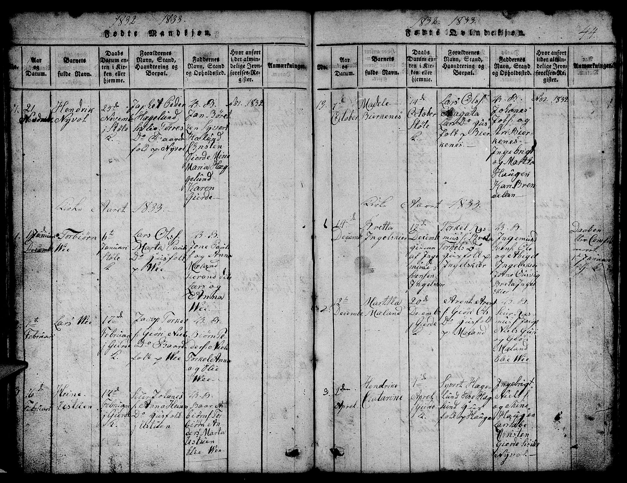 Etne sokneprestembete, SAB/A-75001/H/Hab: Parish register (copy) no. B 1, 1815-1850, p. 44