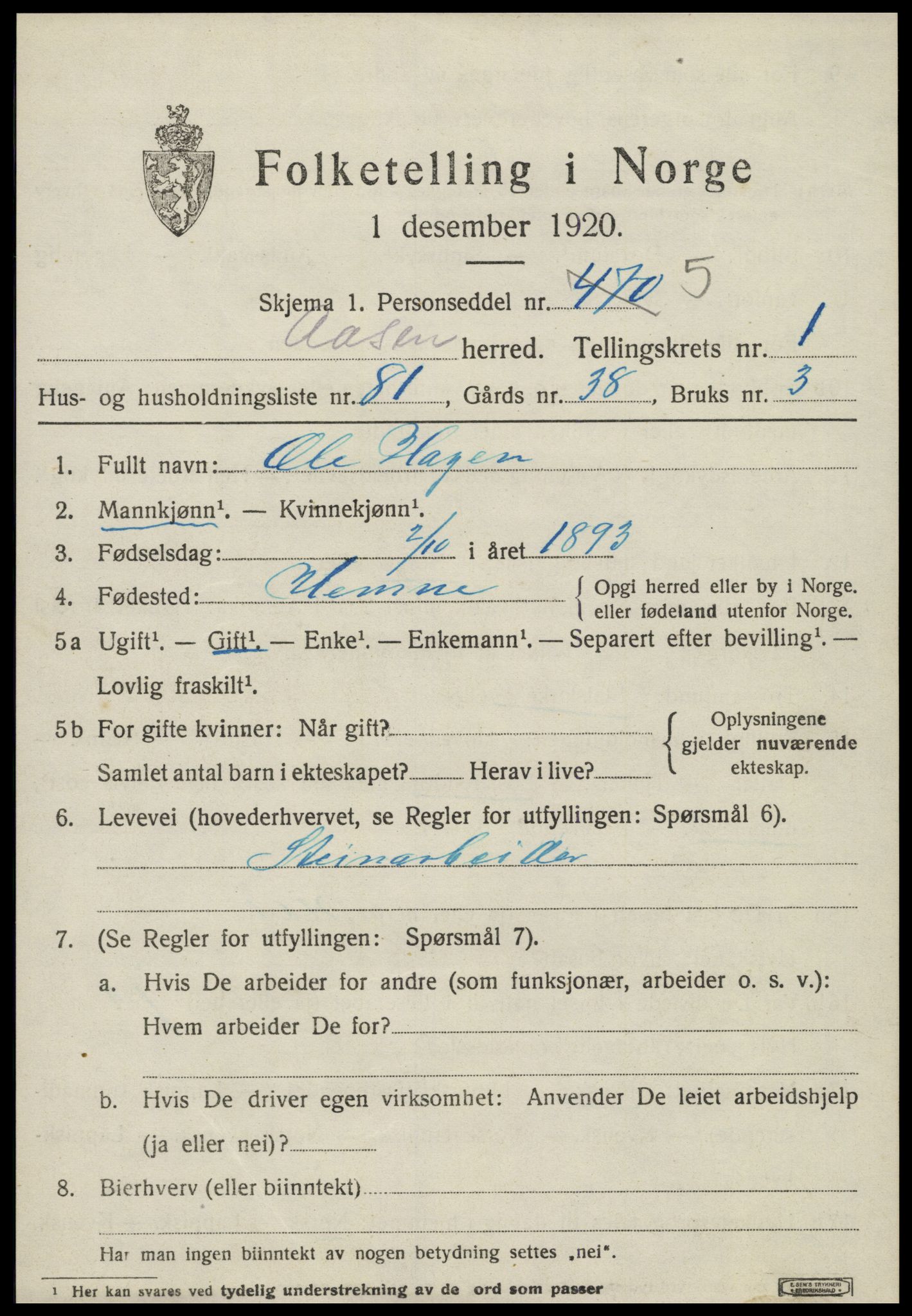 SAT, 1920 census for Åsen, 1920, p. 1700