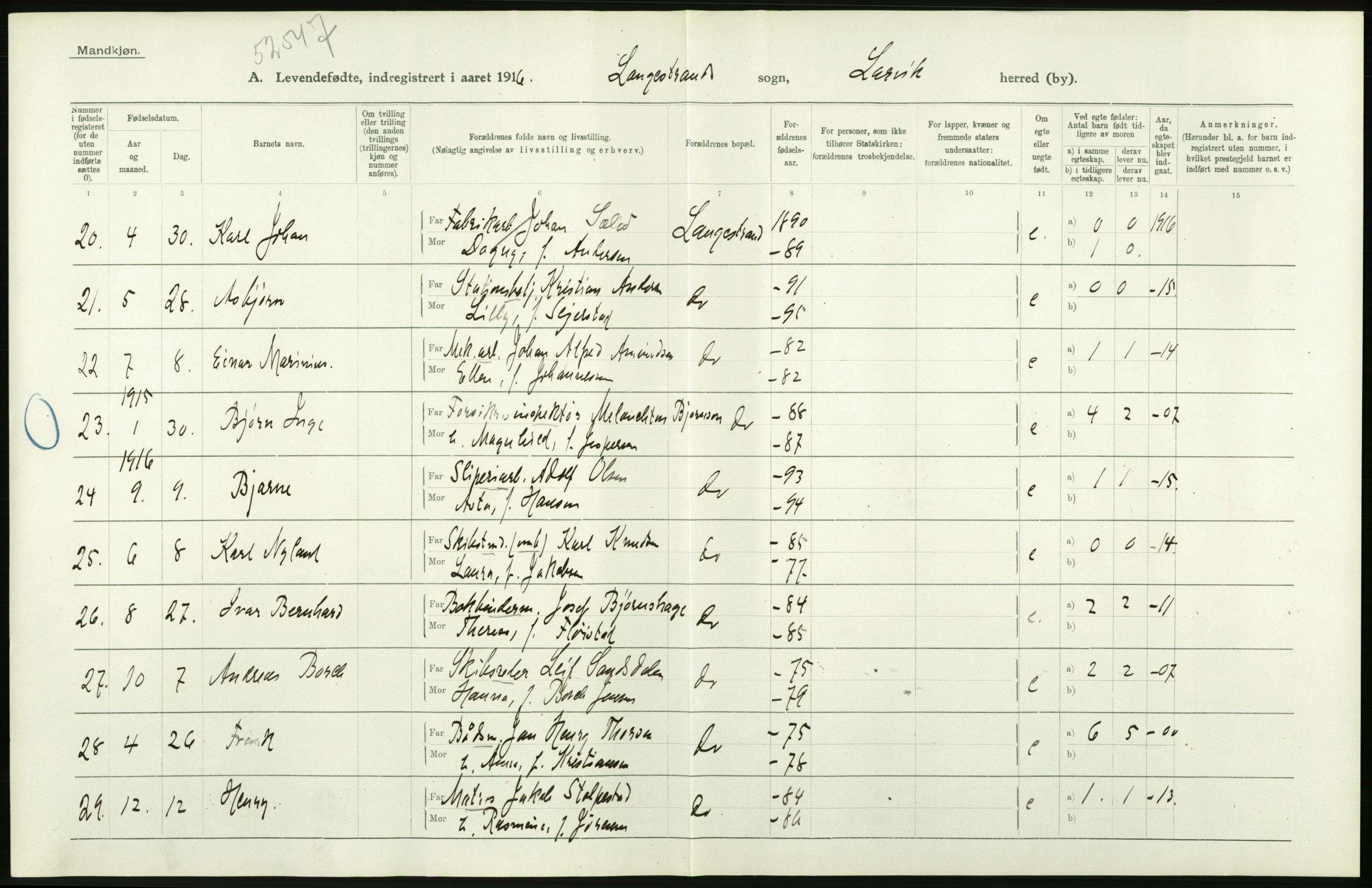 Statistisk sentralbyrå, Sosiodemografiske emner, Befolkning, AV/RA-S-2228/D/Df/Dfb/Dfbf/L0020: Jarlsberg og Larviks amt: Levendefødte menn og kvinner. Bygder og byer., 1916, p. 496