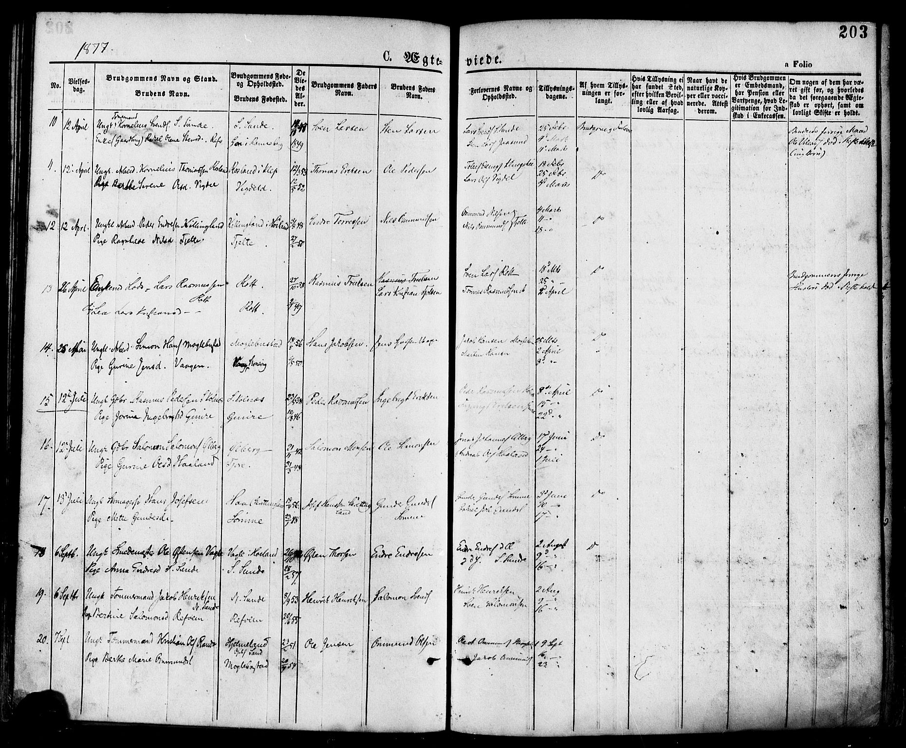 Håland sokneprestkontor, AV/SAST-A-101802/001/30BA/L0009: Parish register (official) no. A 8, 1871-1882, p. 203