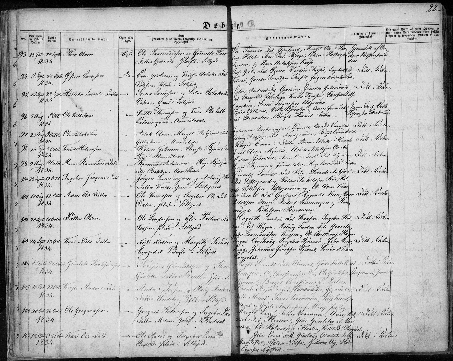 Seljord kirkebøker, AV/SAKO-A-20/F/Fa/L0011: Parish register (official) no. I 11, 1831-1849, p. 22