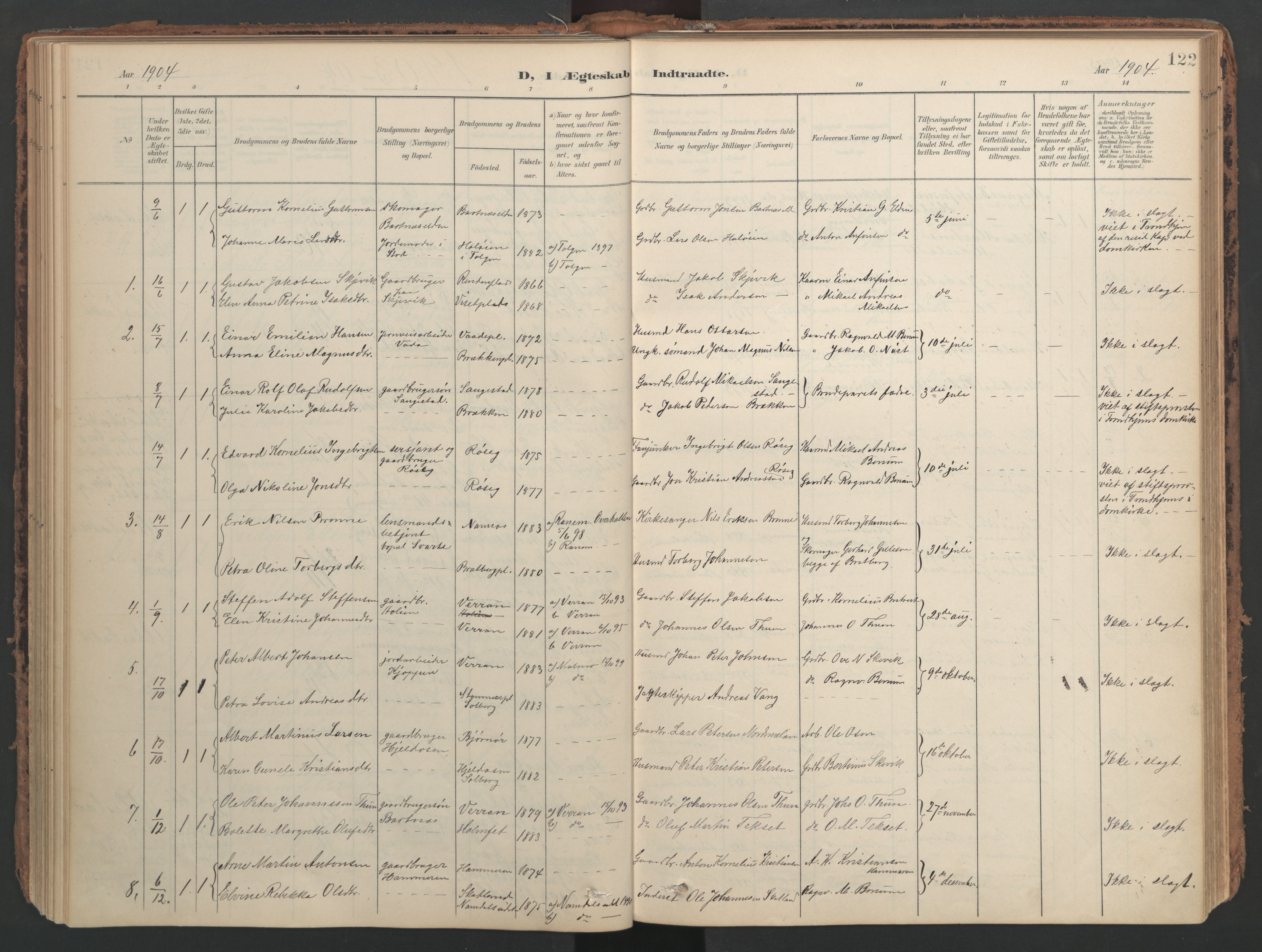 Ministerialprotokoller, klokkerbøker og fødselsregistre - Nord-Trøndelag, SAT/A-1458/741/L0397: Parish register (official) no. 741A11, 1901-1911, p. 122
