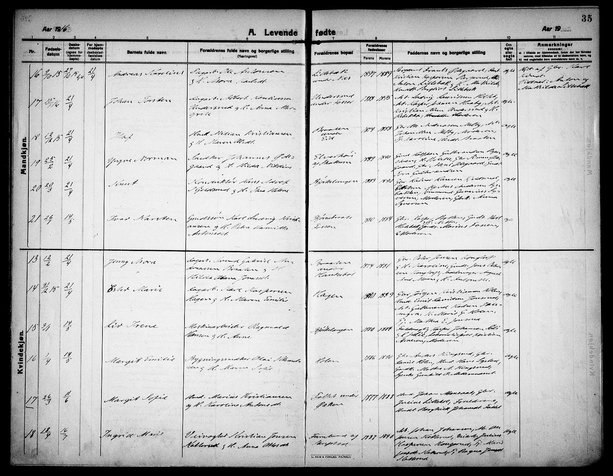 Høland prestekontor Kirkebøker, AV/SAO-A-10346a/F/Fa/L0016: Parish register (official) no. I 16, 1912-1921, p. 35