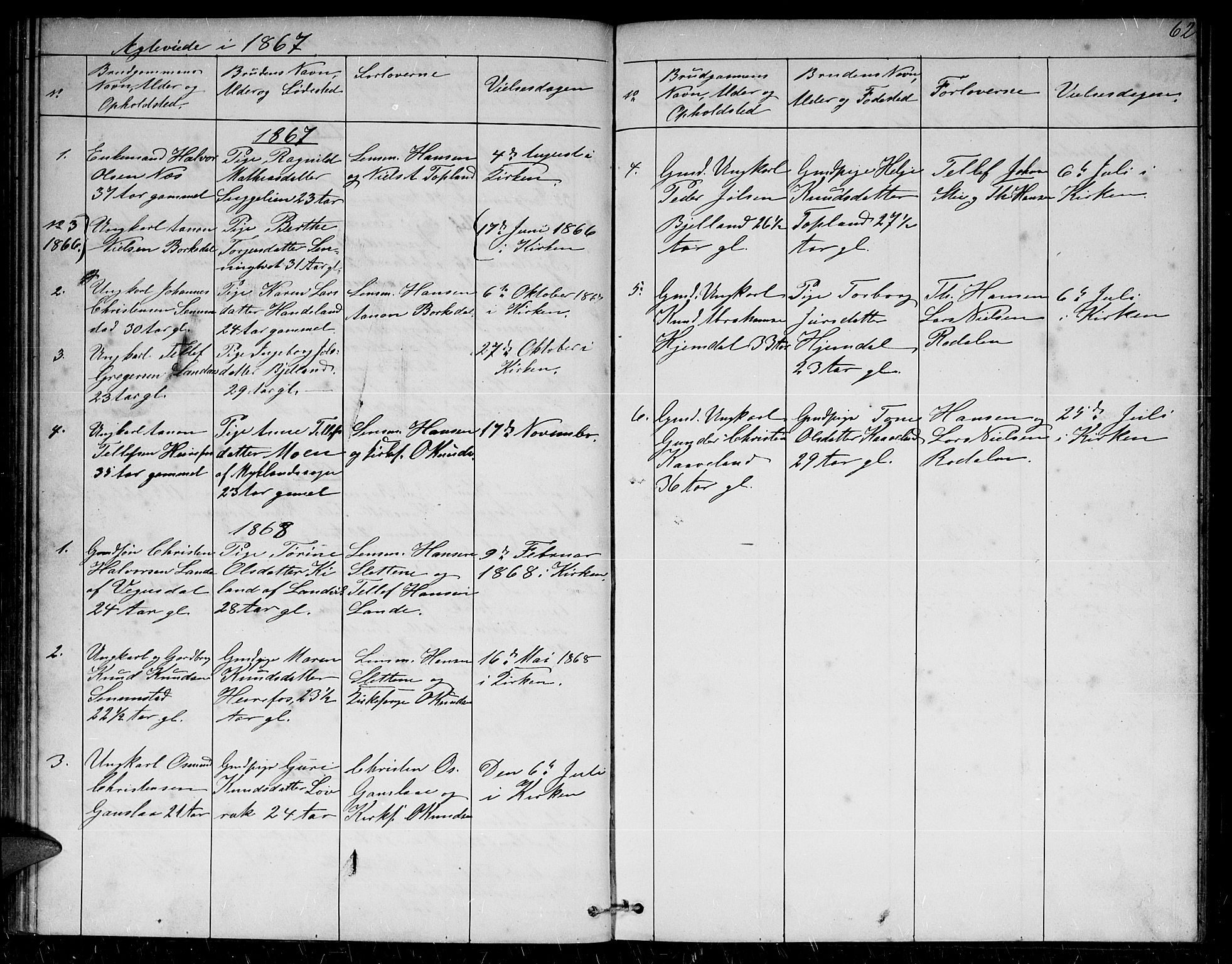 Herefoss sokneprestkontor, AV/SAK-1111-0019/F/Fb/Fba/L0001: Parish register (copy) no. B 1, 1851-1868, p. 62