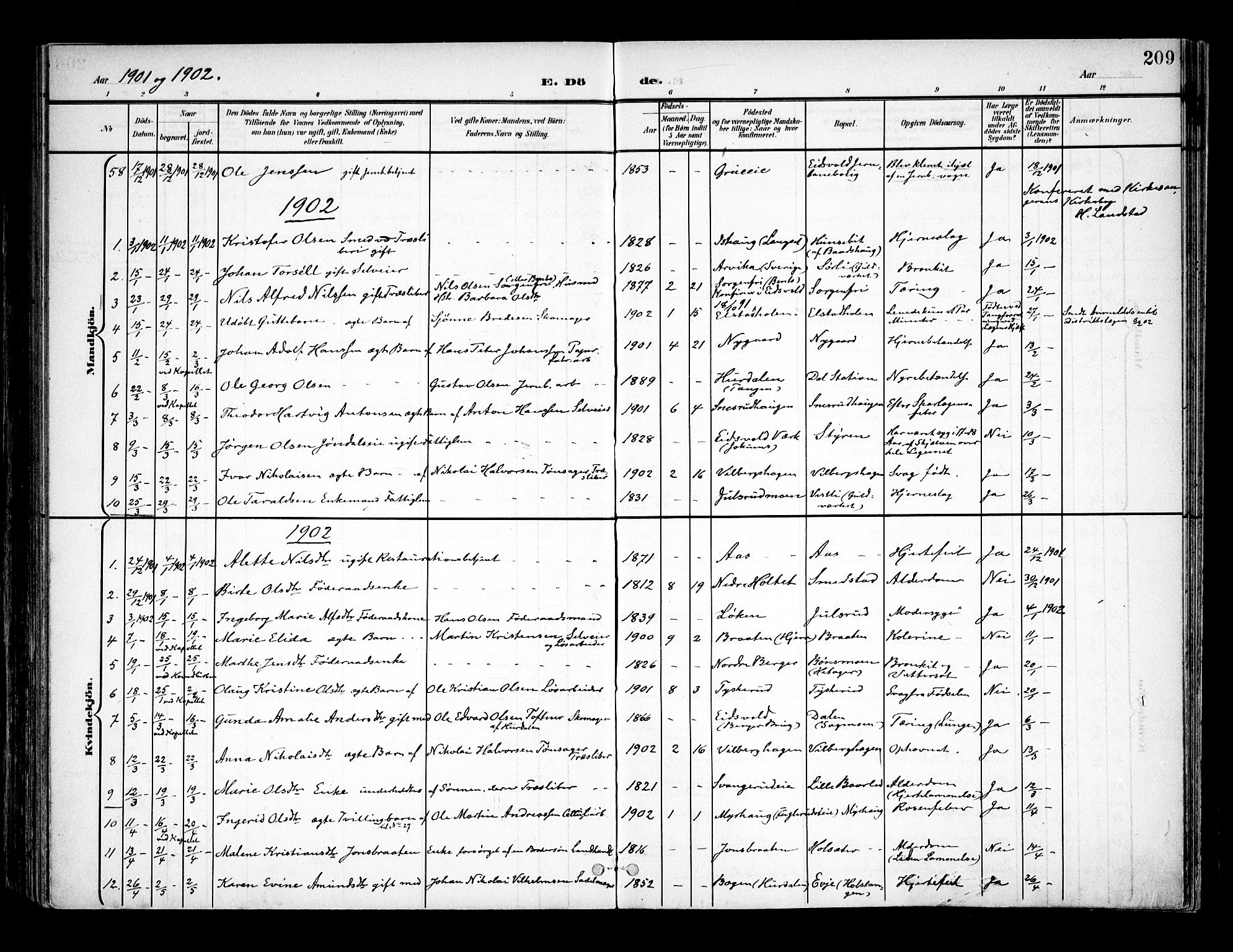 Eidsvoll prestekontor Kirkebøker, SAO/A-10888/F/Fa/L0006: Parish register (official) no. I 6, 1900-1907, p. 209