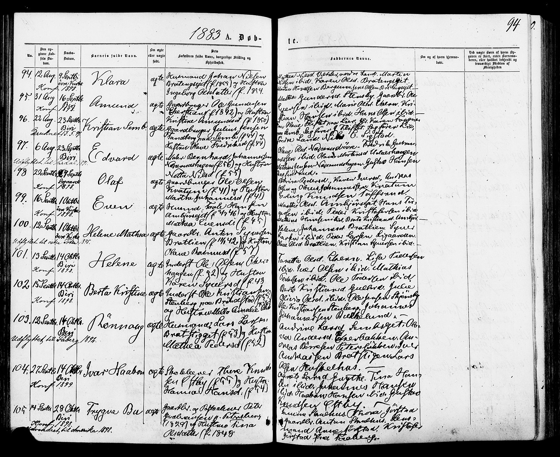 Biri prestekontor, AV/SAH-PREST-096/H/Ha/Haa/L0006: Parish register (official) no. 6, 1877-1886, p. 94