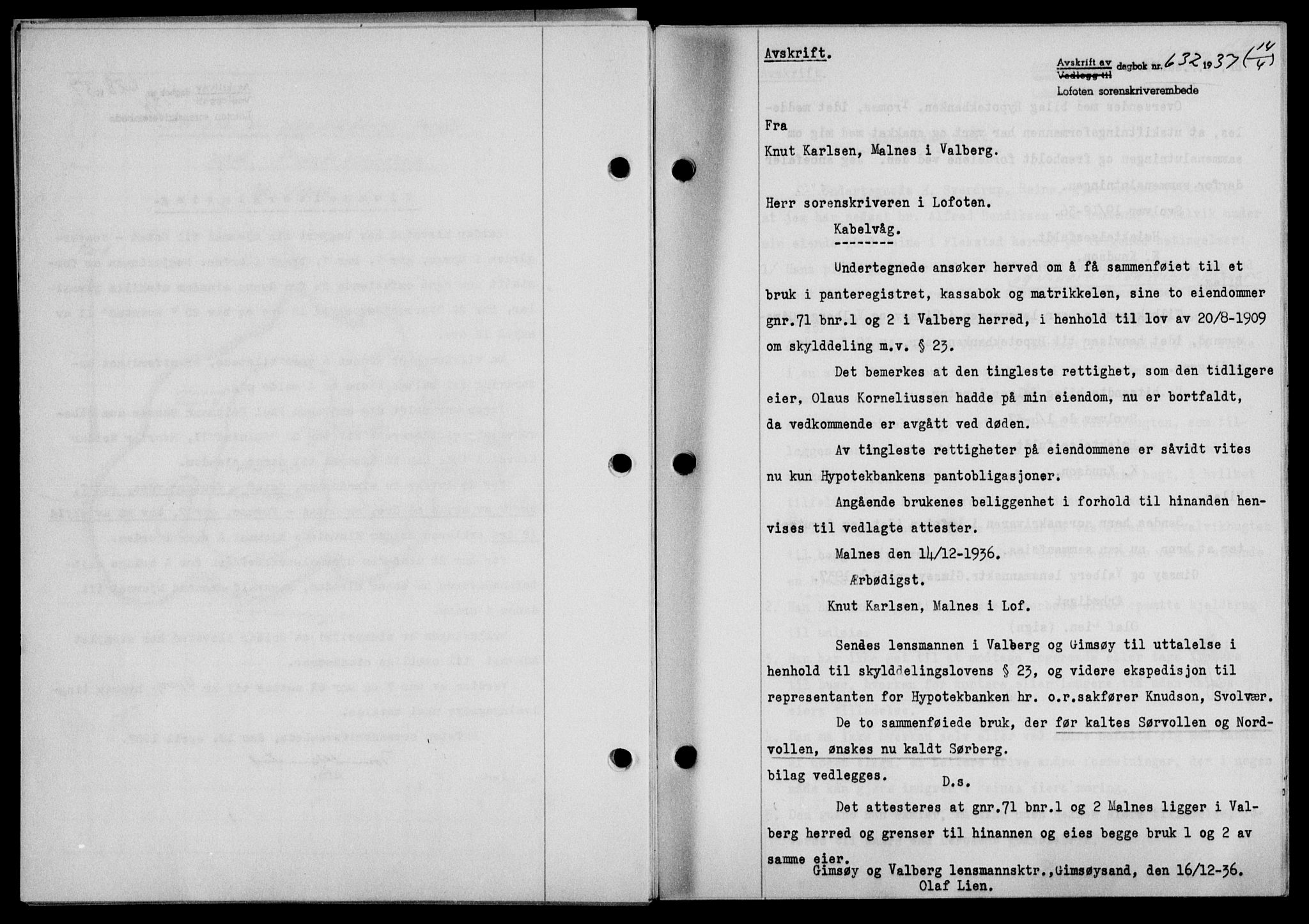 Lofoten sorenskriveri, SAT/A-0017/1/2/2C/L0002a: Mortgage book no. 2a, 1937-1937, Diary no: : 632/1937