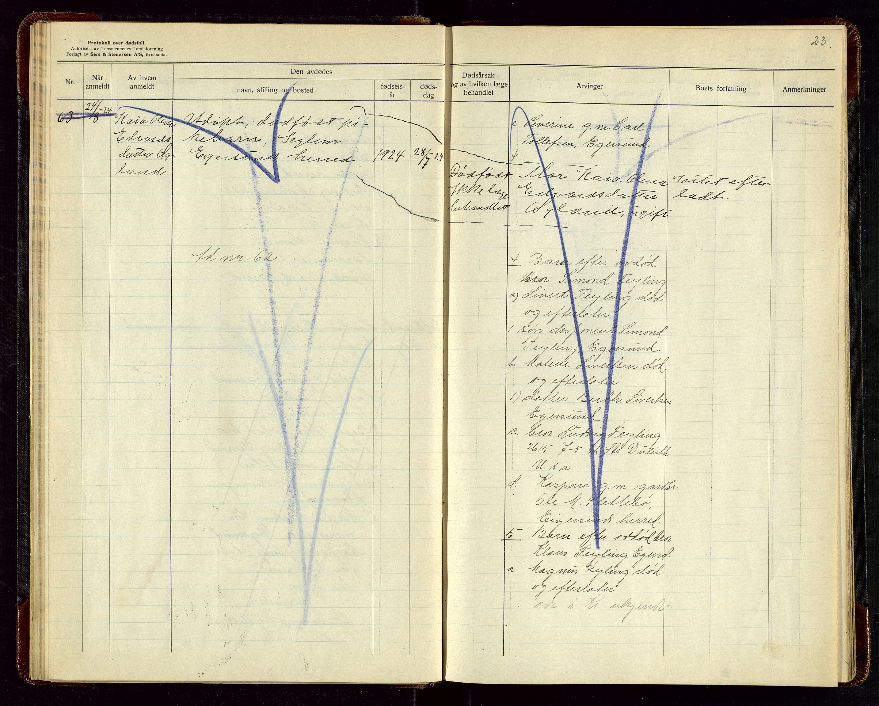 Eigersund lensmannskontor, AV/SAST-A-100171/Gga/L0009: "Protokoll over anmeldte dødsfall" m/alfabetisk navneregister, 1922-1926, p. 23