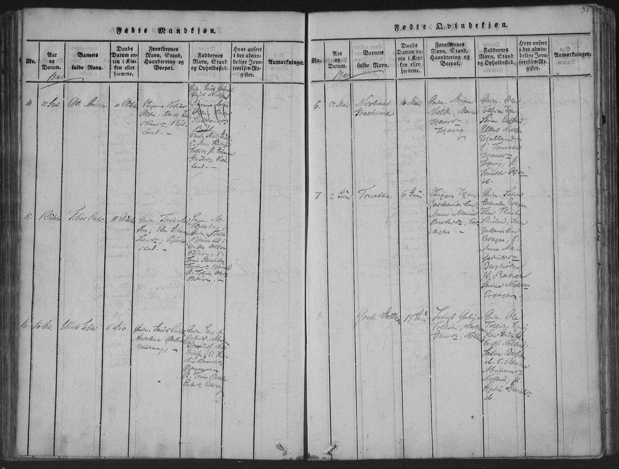 Herad sokneprestkontor, SAK/1111-0018/F/Fa/Fab/L0002: Parish register (official) no. A 2, 1816-1844, p. 87