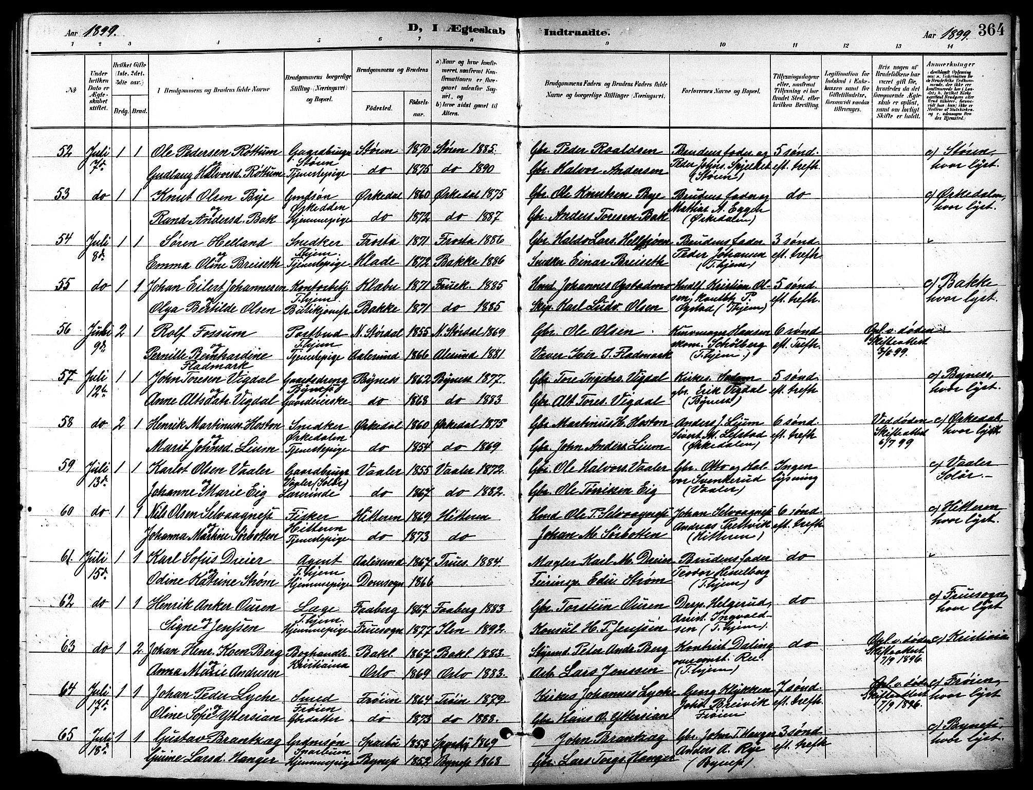 Ministerialprotokoller, klokkerbøker og fødselsregistre - Sør-Trøndelag, AV/SAT-A-1456/601/L0094: Parish register (copy) no. 601C12, 1898-1911, p. 364