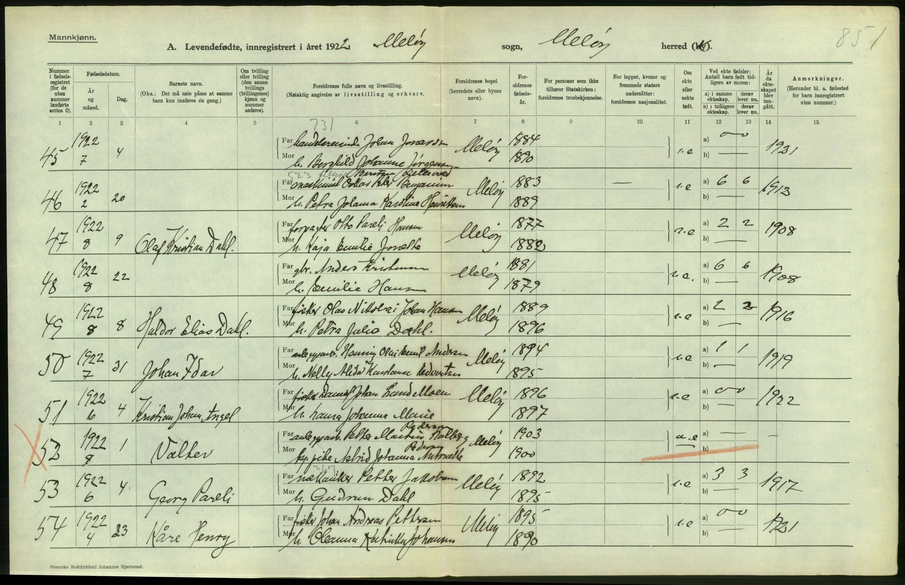 Statistisk sentralbyrå, Sosiodemografiske emner, Befolkning, AV/RA-S-2228/D/Df/Dfc/Dfcb/L0044: Nordland fylke: Levendefødte menn og kvinner. Bygder og byer., 1922, p. 458