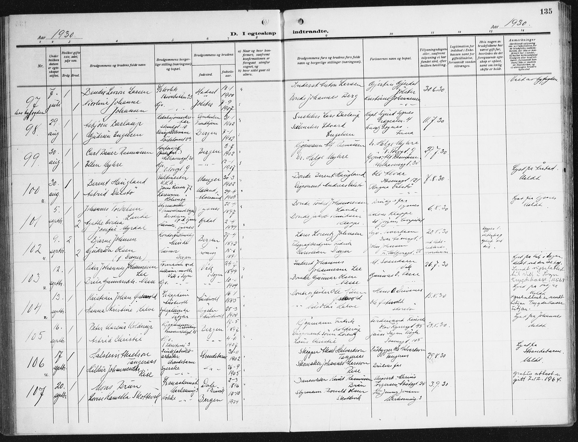 Domkirken sokneprestembete, SAB/A-74801/H/Haa/L0039: Parish register (official) no. D 6, 1921-1937, p. 135