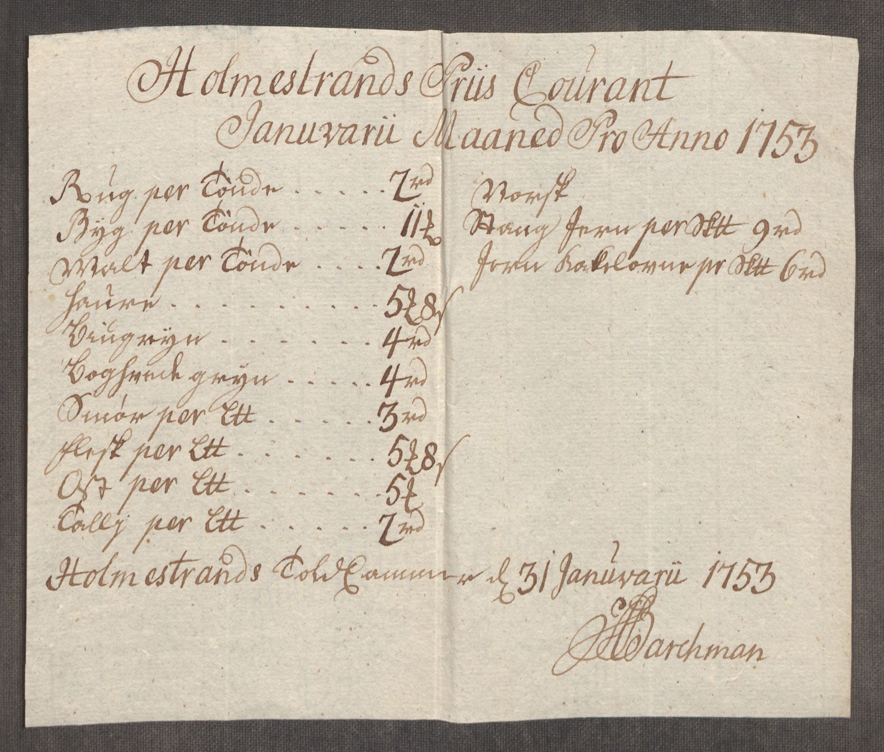 Rentekammeret inntil 1814, Realistisk ordnet avdeling, AV/RA-EA-4070/Oe/L0005: [Ø1]: Priskuranter, 1753-1757, p. 72