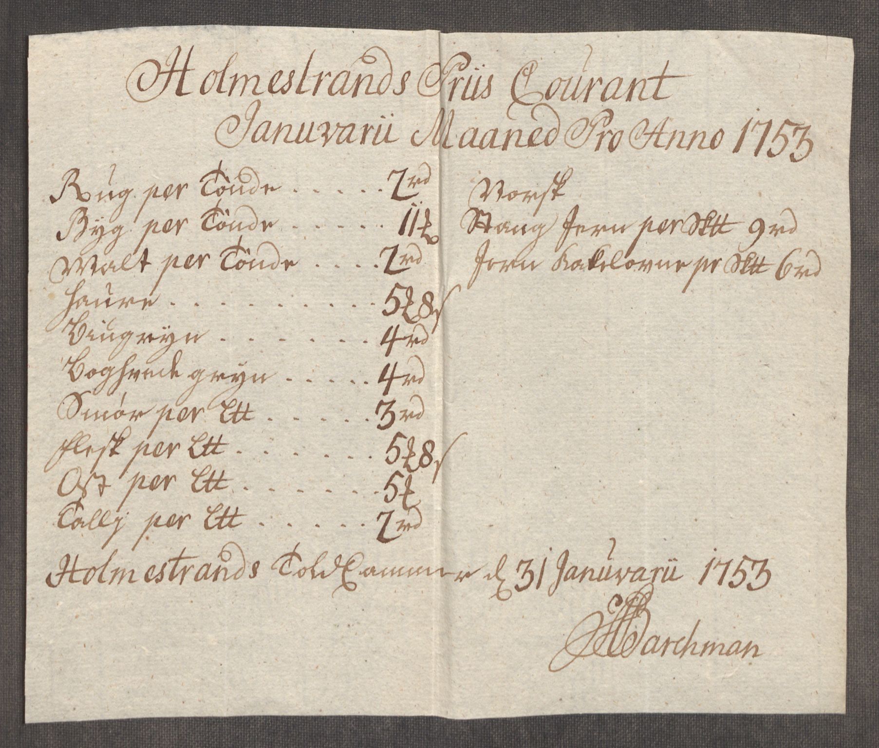 Rentekammeret inntil 1814, Realistisk ordnet avdeling, RA/EA-4070/Oe/L0005: [Ø1]: Priskuranter, 1753-1757, p. 72