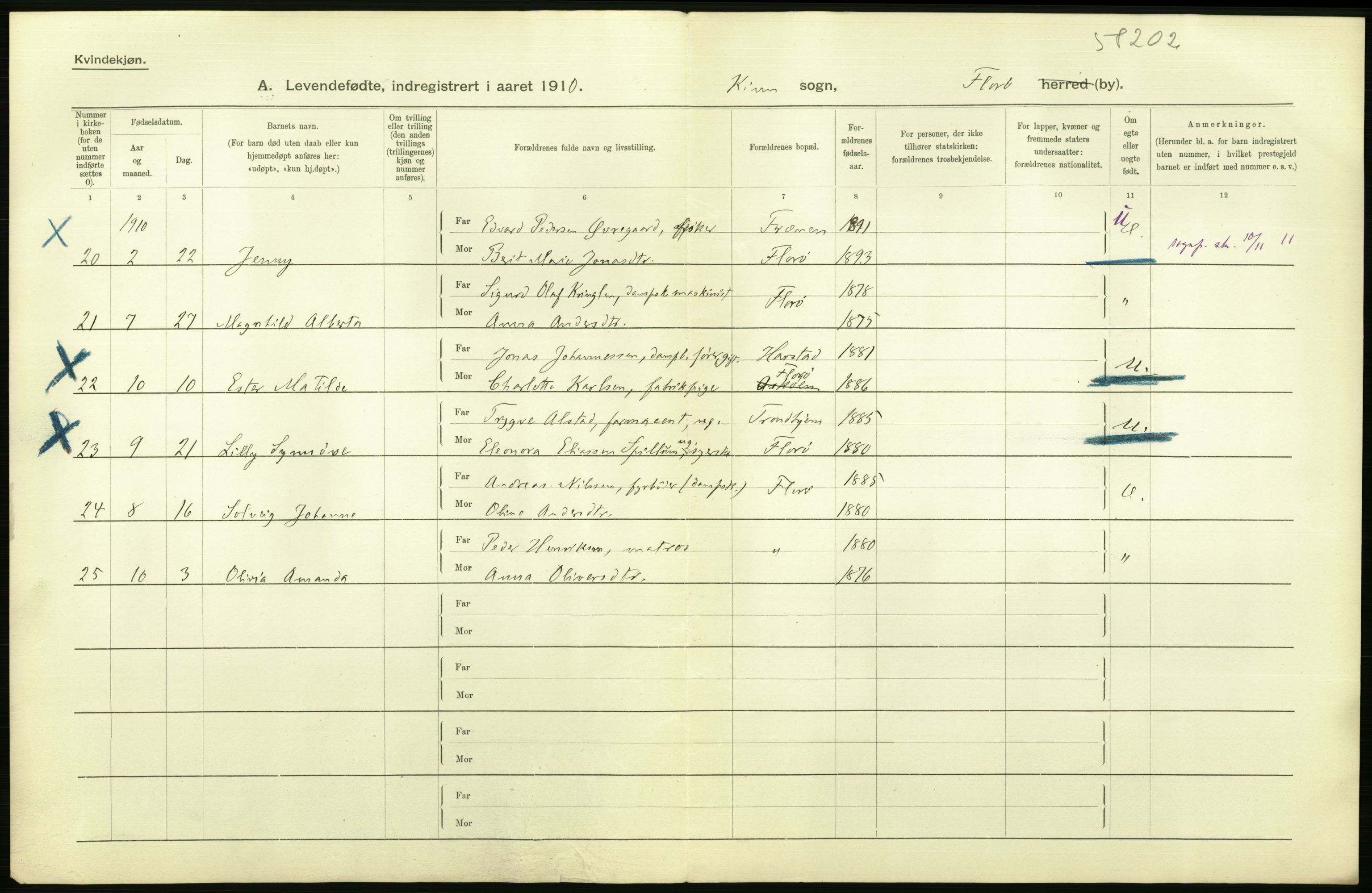 Statistisk sentralbyrå, Sosiodemografiske emner, Befolkning, AV/RA-S-2228/D/Df/Dfa/Dfah/L0031: Florø by: Levendefødte menn og kvinner, gifte., 1910, p. 8