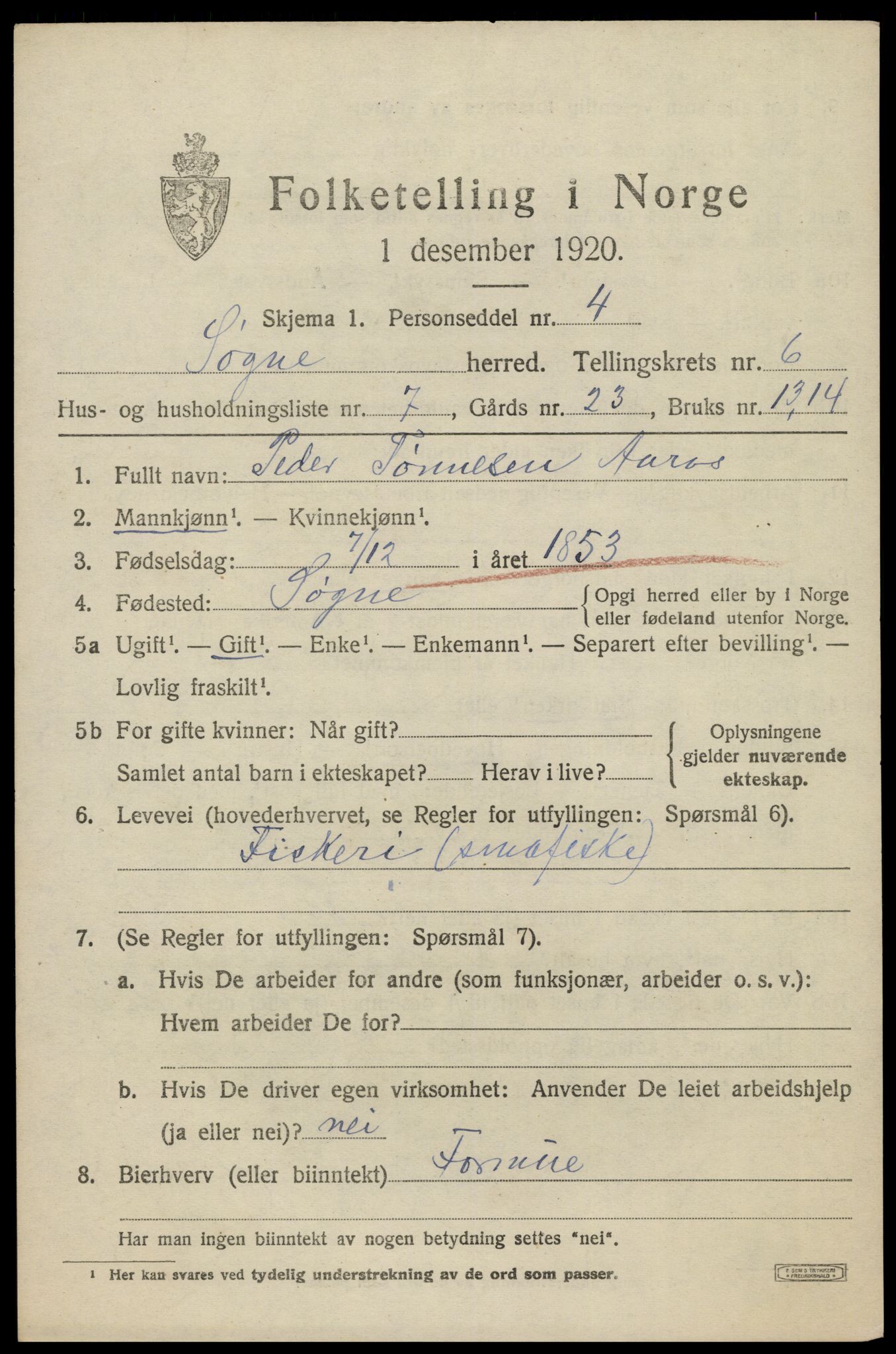 SAK, 1920 census for Søgne, 1920, p. 2813