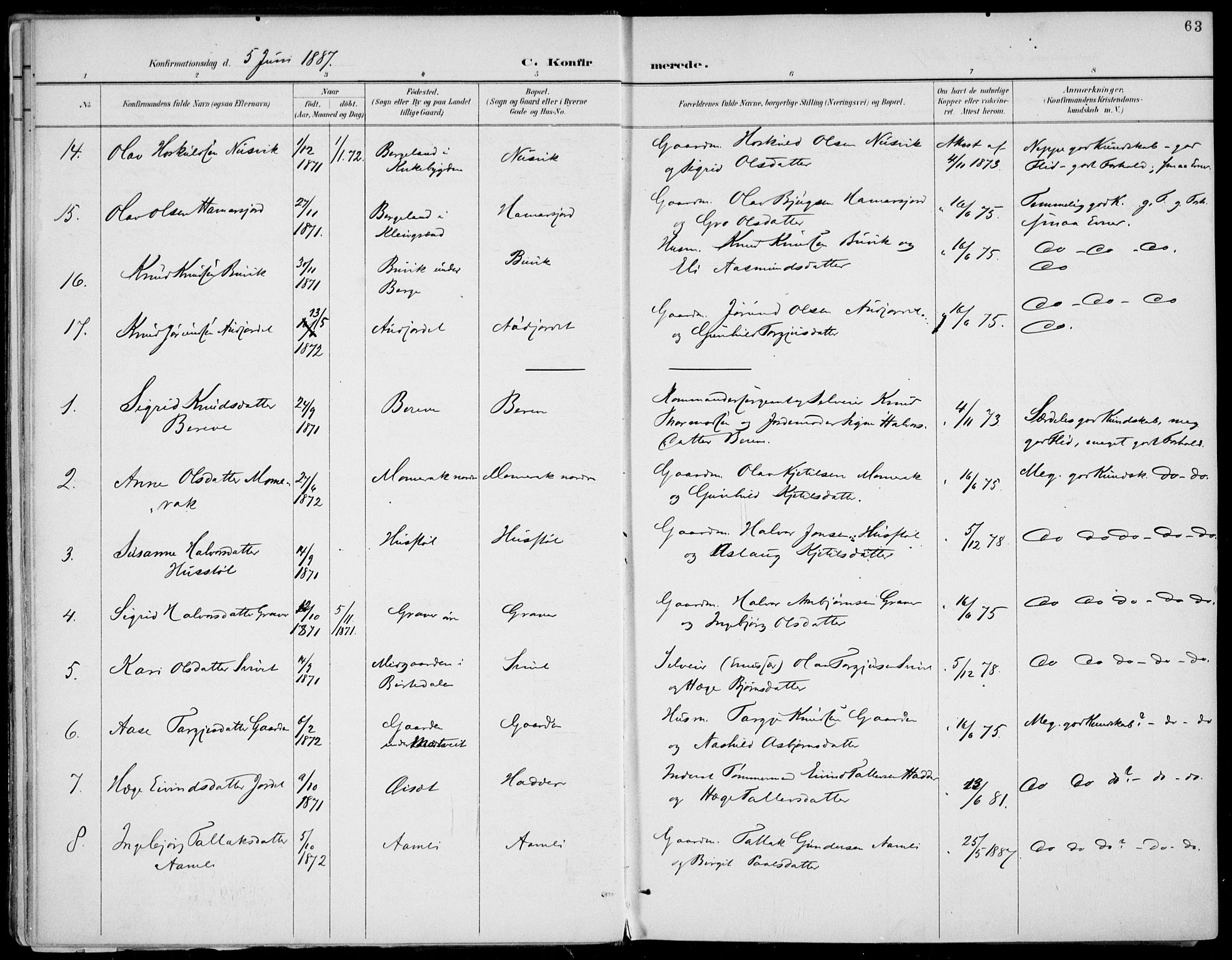 Fyresdal kirkebøker, SAKO/A-263/F/Fa/L0007: Parish register (official) no. I 7, 1887-1914, p. 63