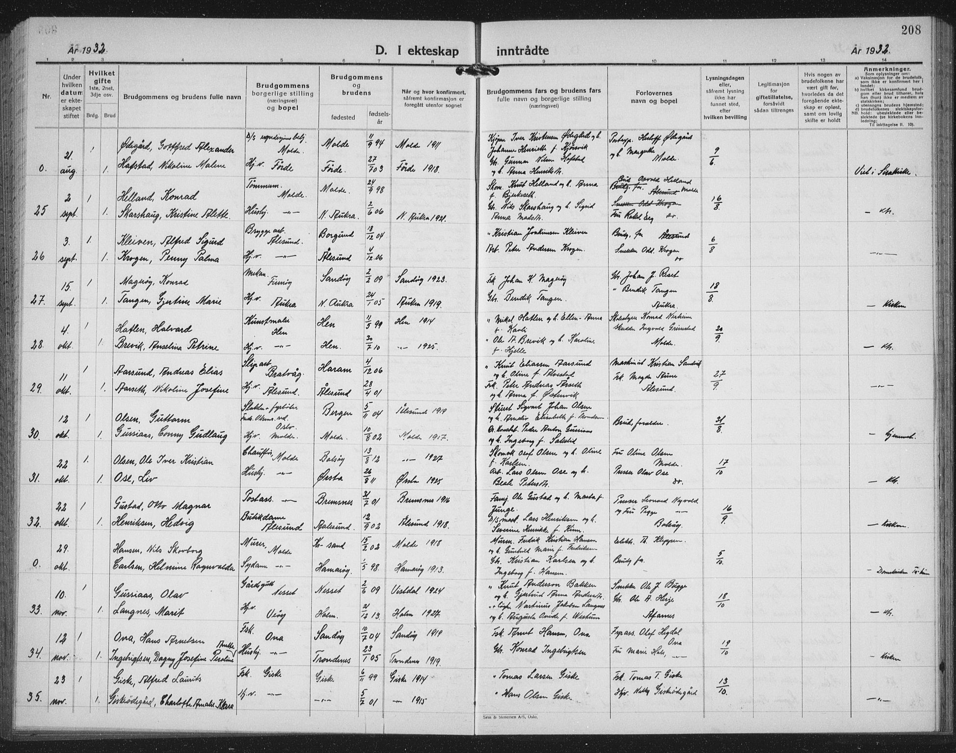 Ministerialprotokoller, klokkerbøker og fødselsregistre - Møre og Romsdal, SAT/A-1454/558/L0704: Parish register (copy) no. 558C05, 1921-1942, p. 208