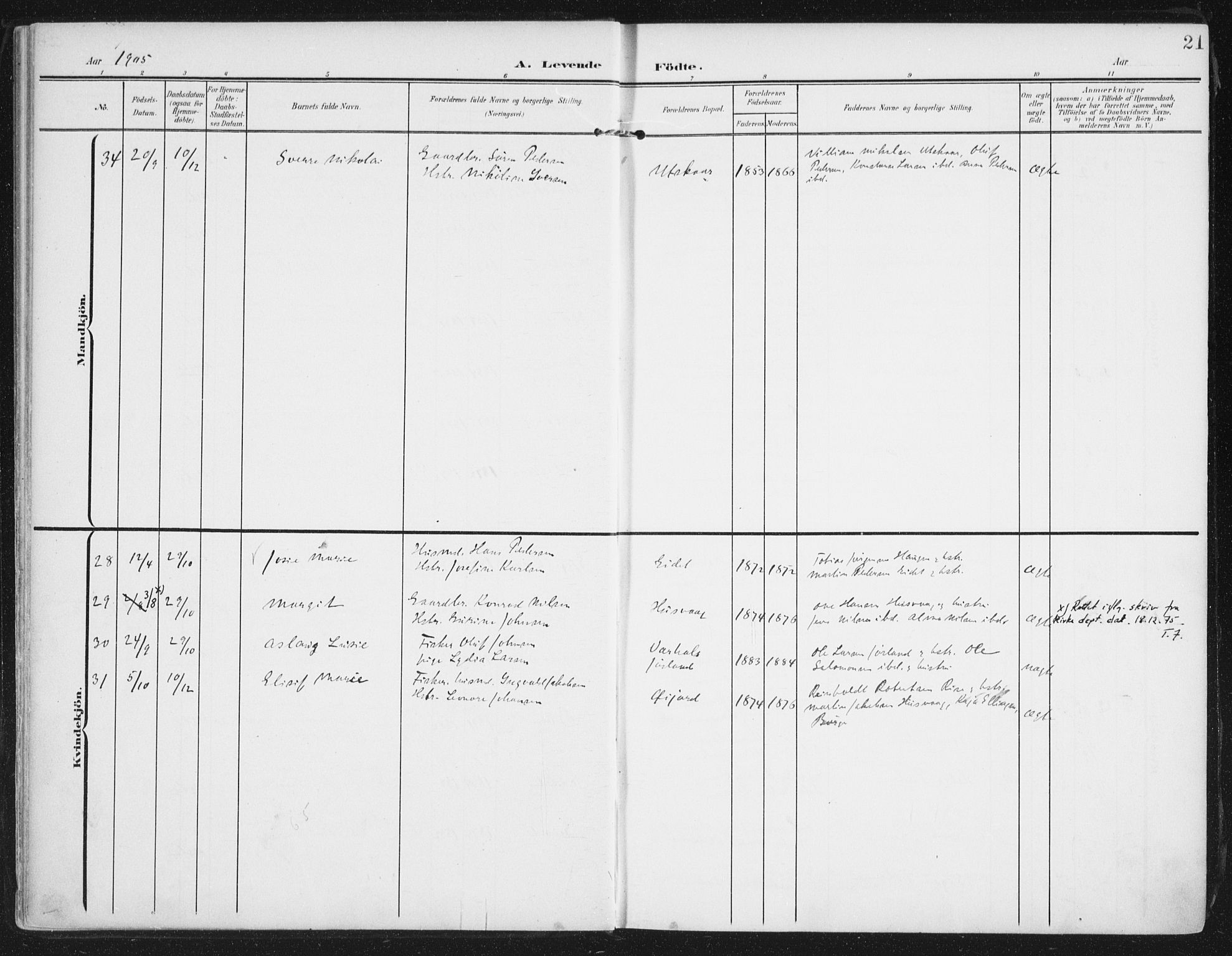 Ministerialprotokoller, klokkerbøker og fødselsregistre - Nordland, AV/SAT-A-1459/892/L1321: Parish register (official) no. 892A02, 1902-1918, p. 21