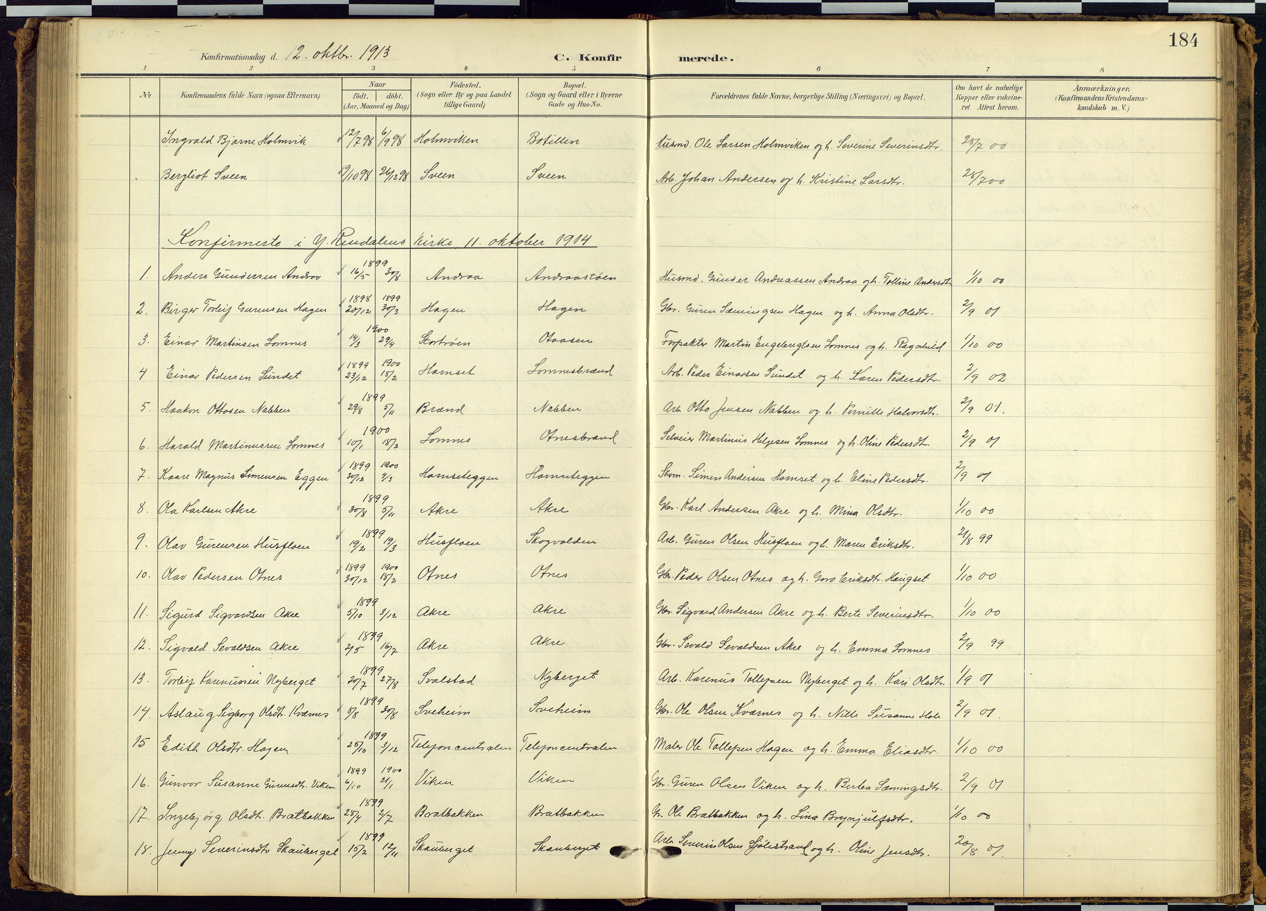 Rendalen prestekontor, SAH/PREST-054/H/Ha/Hab/L0010: Parish register (copy) no. 10, 1903-1940, p. 184