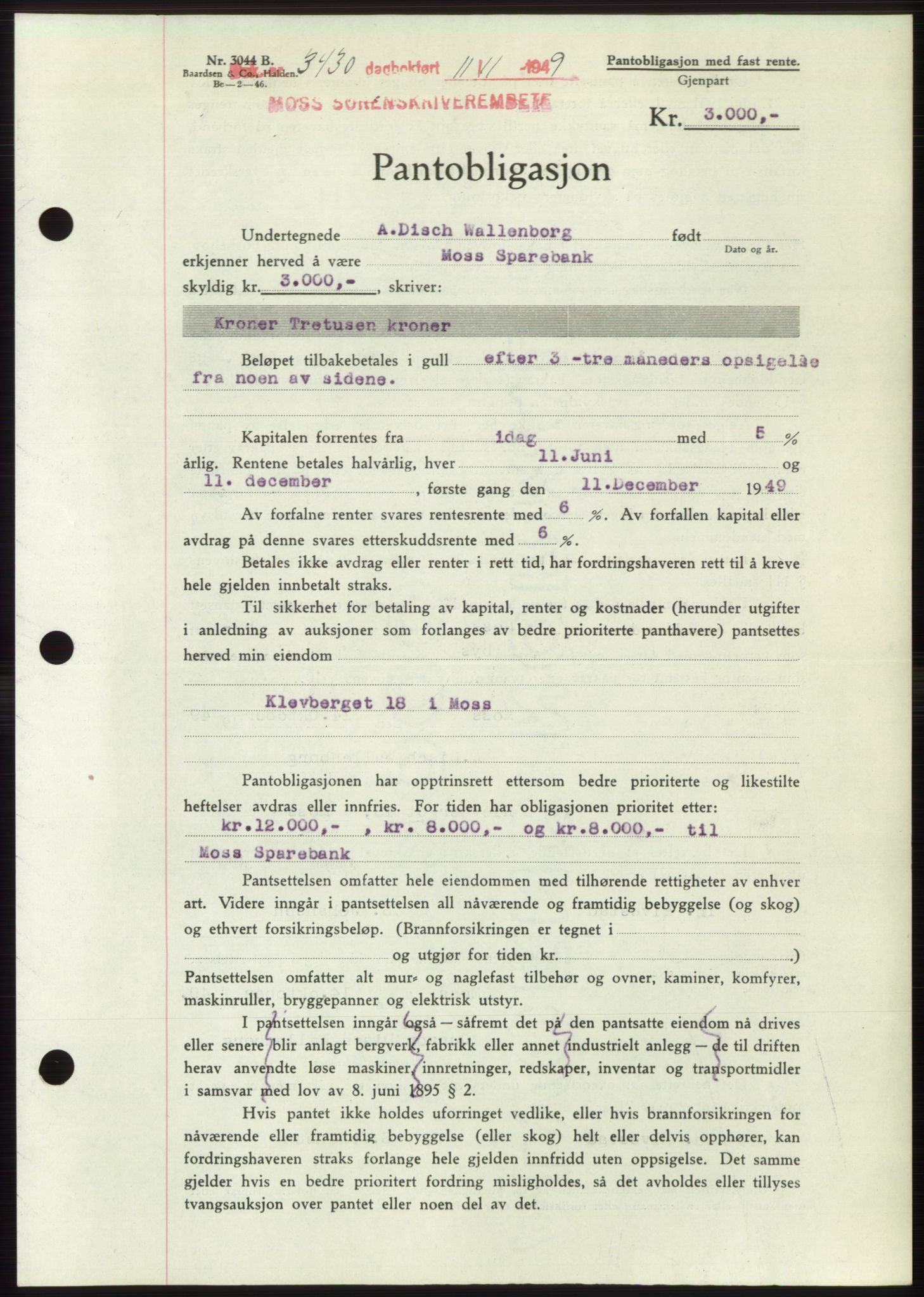 Moss sorenskriveri, SAO/A-10168: Mortgage book no. B23, 1949-1950, Diary no: : 3430/1949