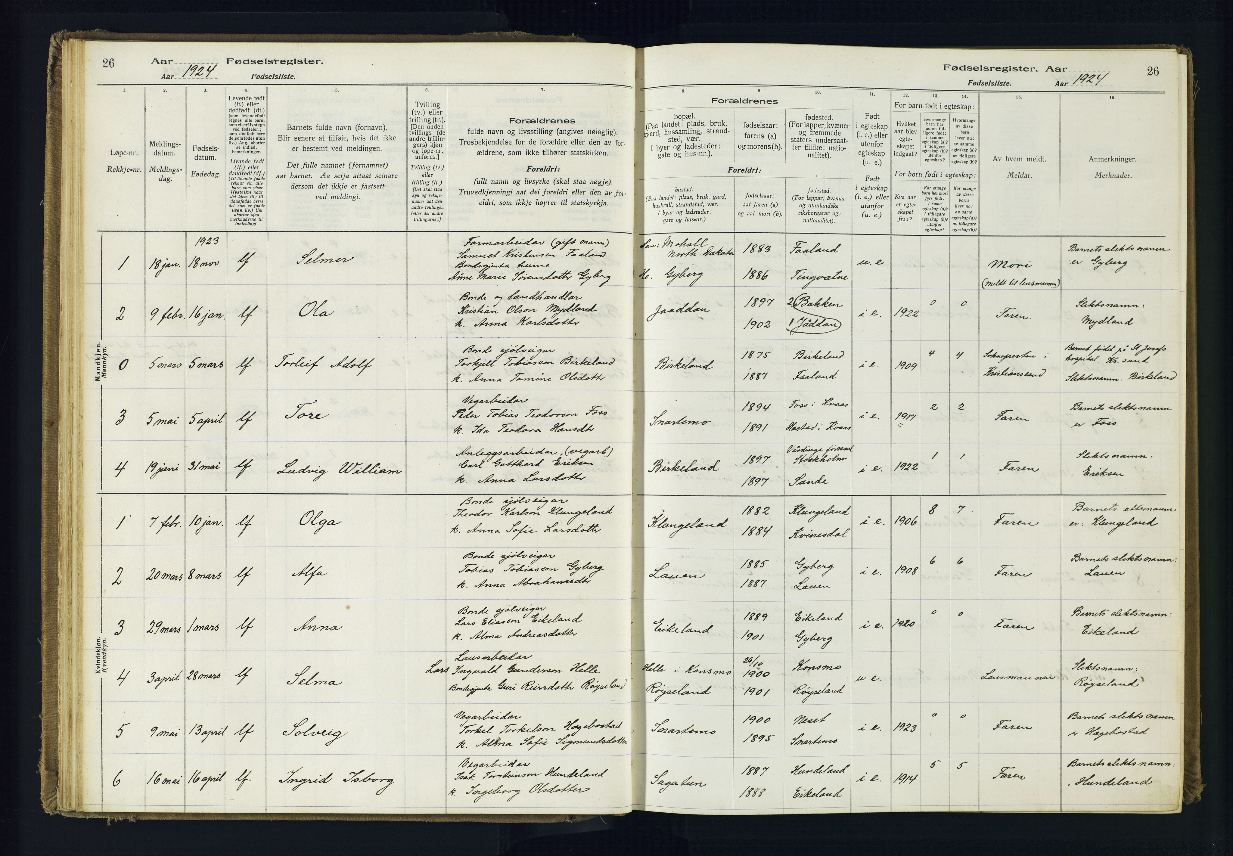 Hægebostad sokneprestkontor, AV/SAK-1111-0024/J/Ja/L0001: Birth register no. II.6.7, 1916-1982, p. 26