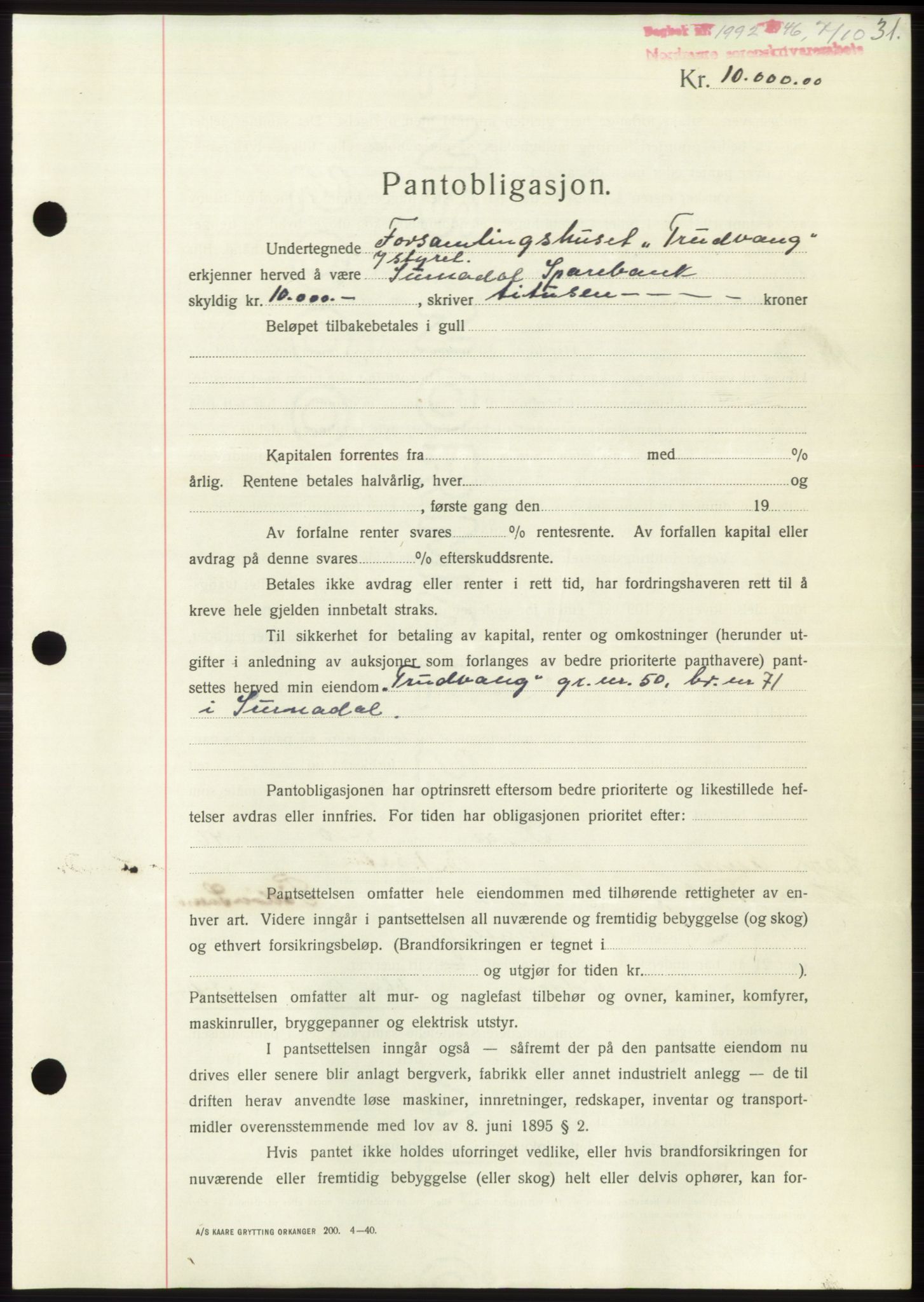 Nordmøre sorenskriveri, AV/SAT-A-4132/1/2/2Ca: Mortgage book no. B95, 1946-1947, Diary no: : 1992/1946