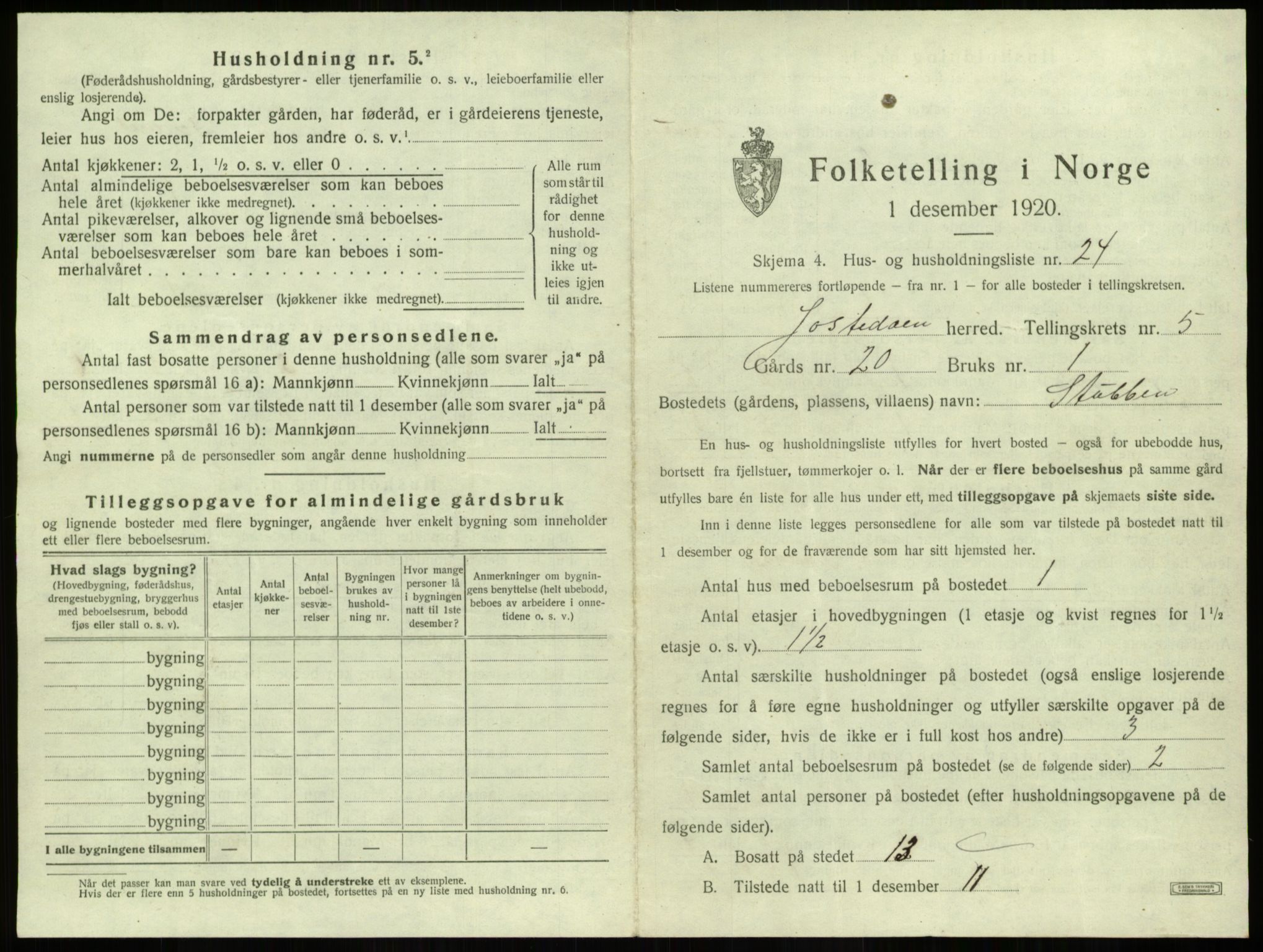 SAB, 1920 census for Jostedal, 1920, p. 300