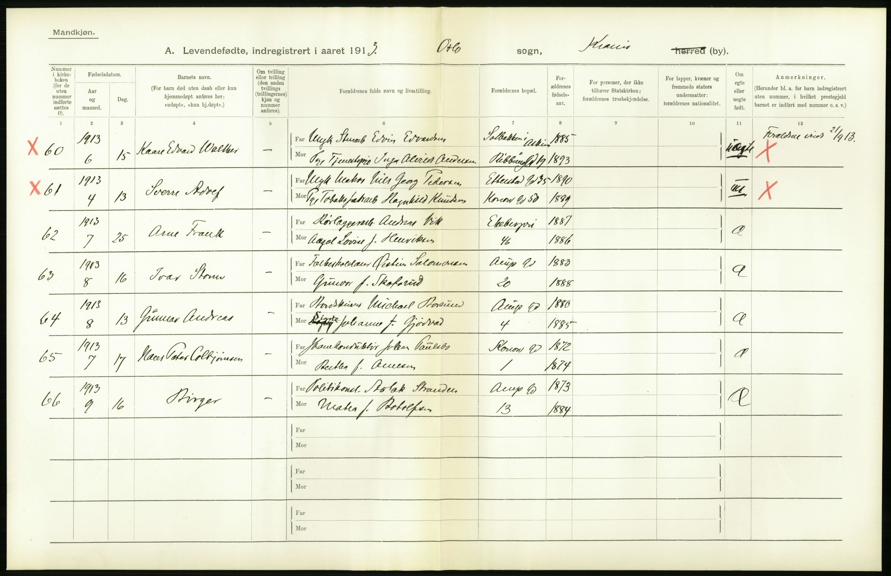 Statistisk sentralbyrå, Sosiodemografiske emner, Befolkning, AV/RA-S-2228/D/Df/Dfb/Dfbc/L0007: Kristiania: Levendefødte menn og kvinner., 1913, p. 796