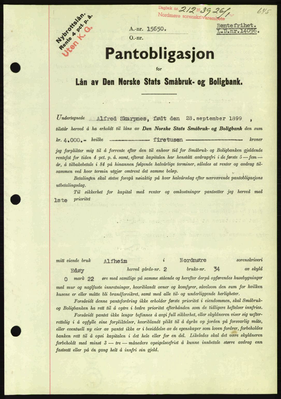 Nordmøre sorenskriveri, SAT/A-4132/1/2/2Ca: Mortgage book no. B84, 1938-1939, Diary no: : 212/1939