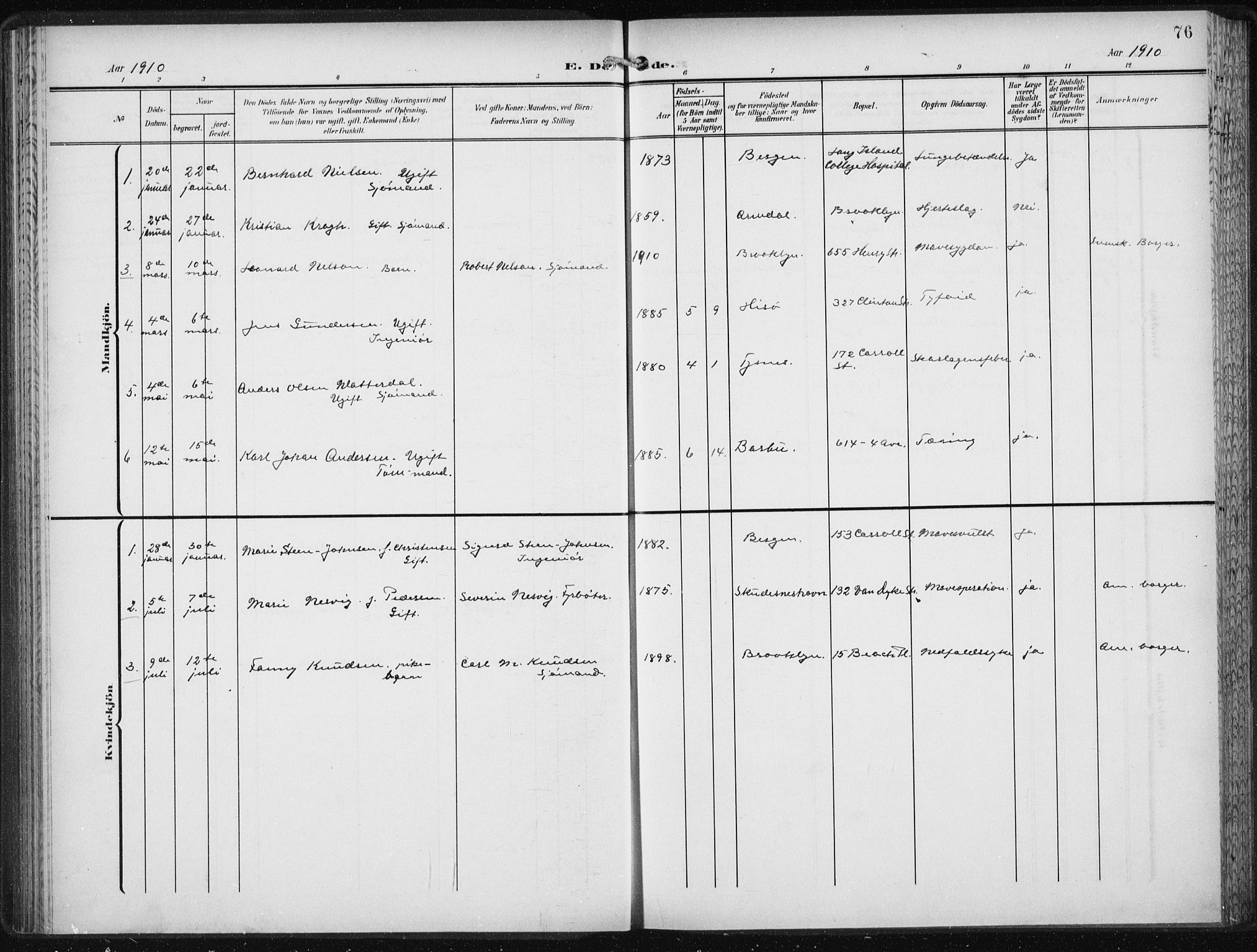 Den norske sjømannsmisjon i utlandet/New York, SAB/SAB/PA-0110/H/Ha/L0006: Parish register (official) no. A 6, 1909-1914, p. 76