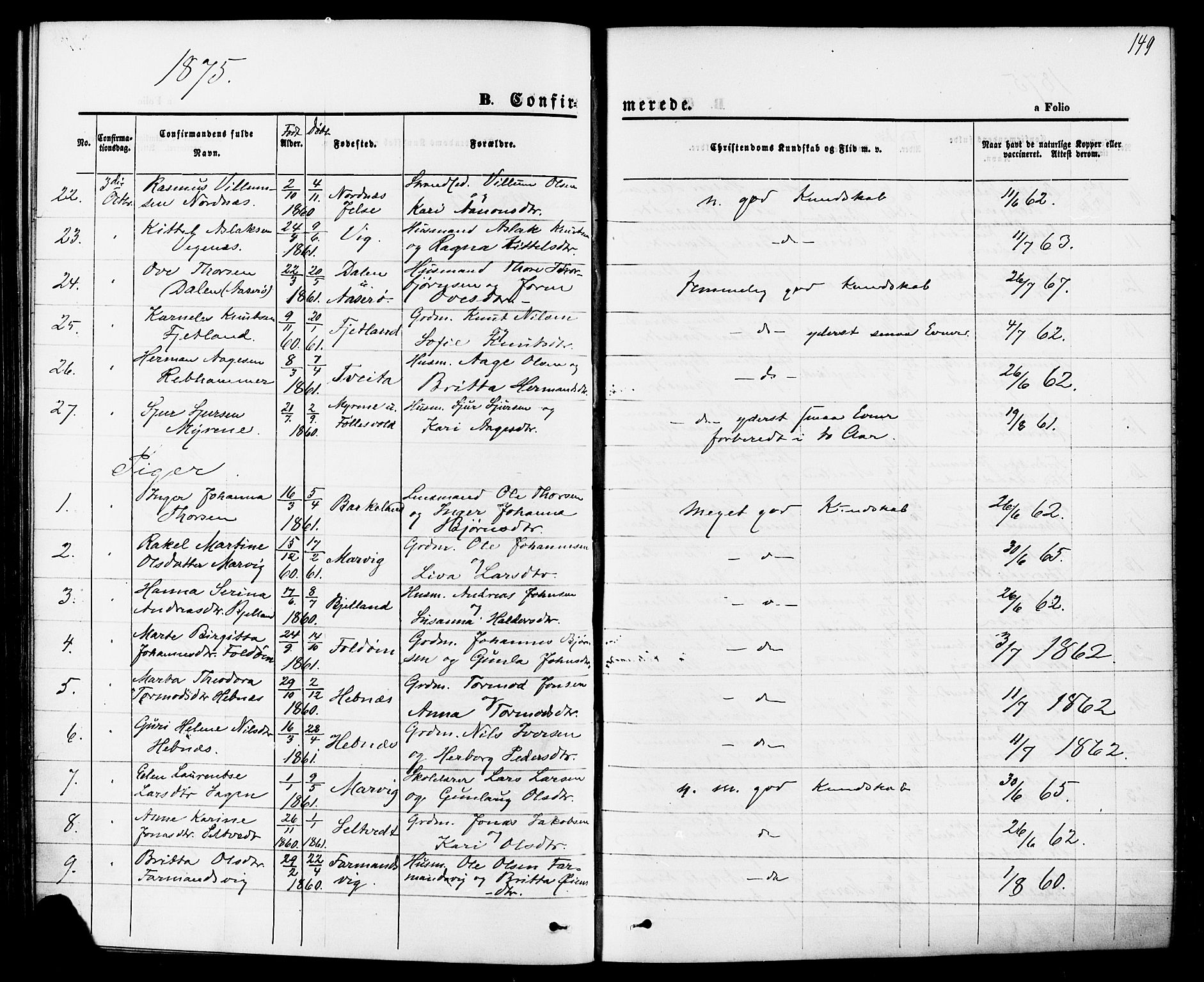 Jelsa sokneprestkontor, AV/SAST-A-101842/01/IV: Parish register (official) no. A 8, 1867-1883, p. 149