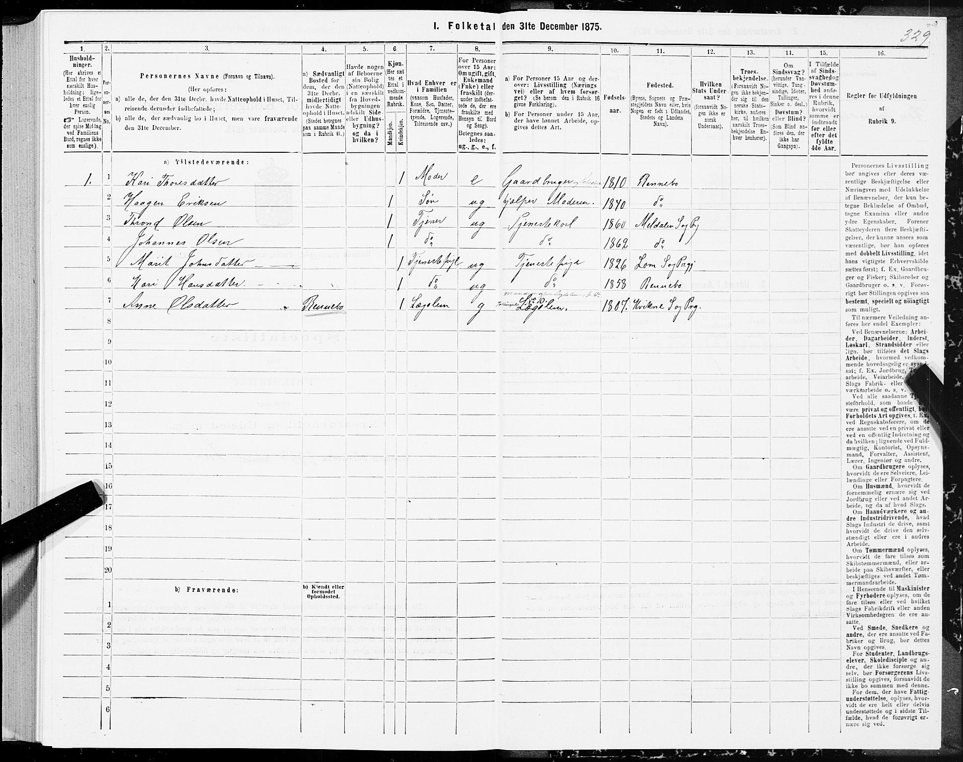SAT, 1875 census for 1635P Rennebu, 1875, p. 1329