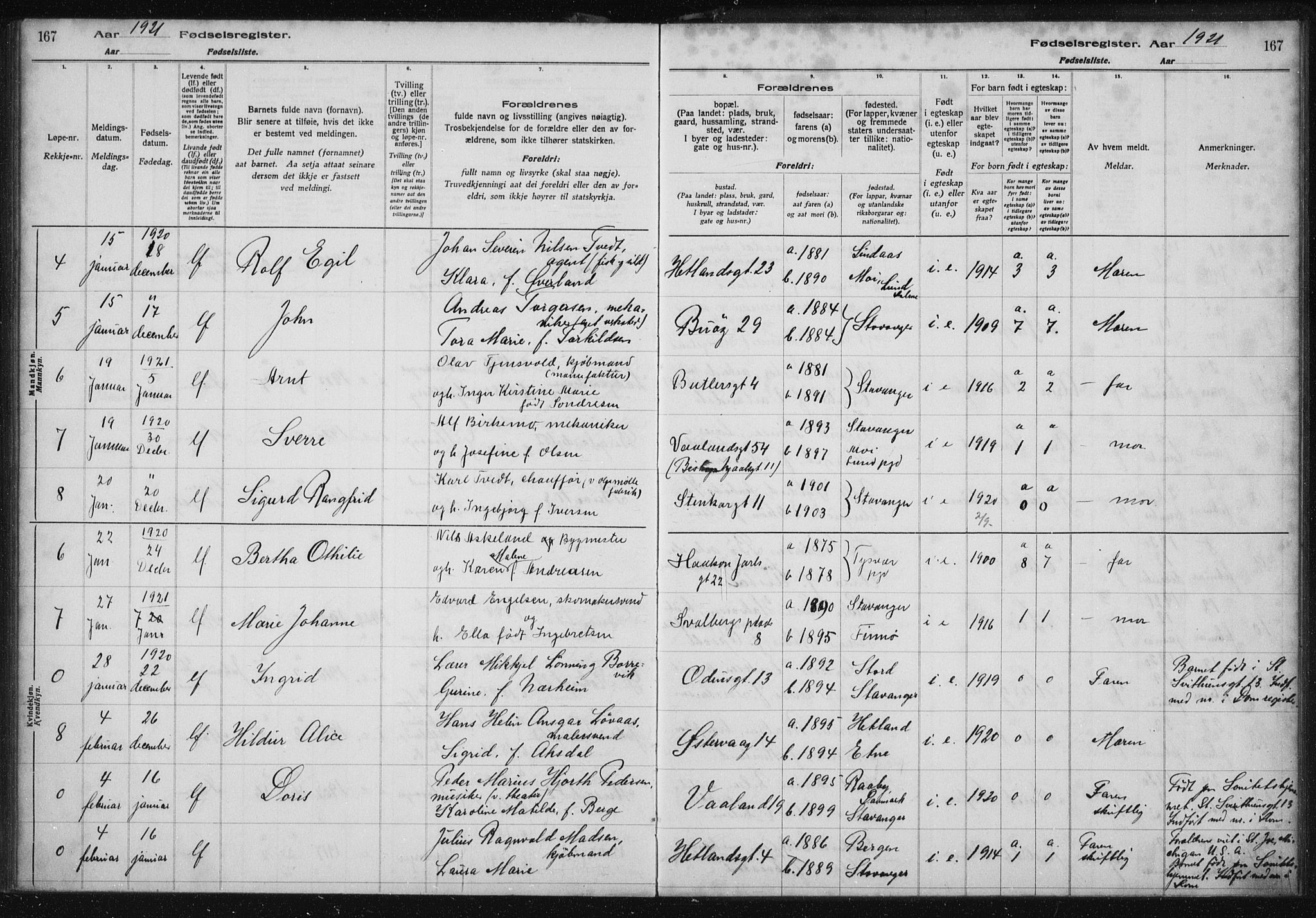 St. Petri sokneprestkontor, AV/SAST-A-101813/002/A/L0001: Birth register no. 1, 1916-1922, p. 167