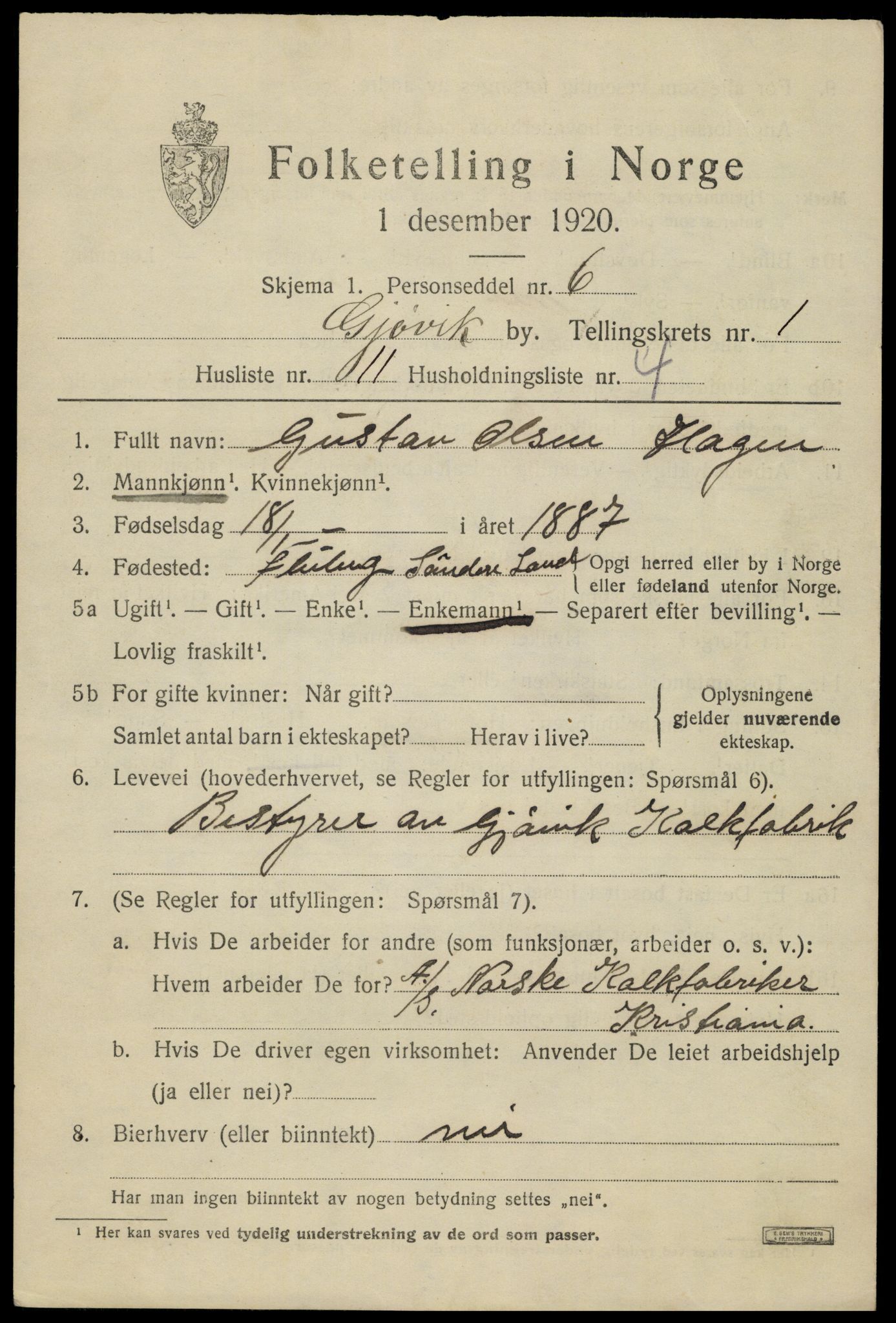 SAH, 1920 census for Gjøvik, 1920, p. 2806