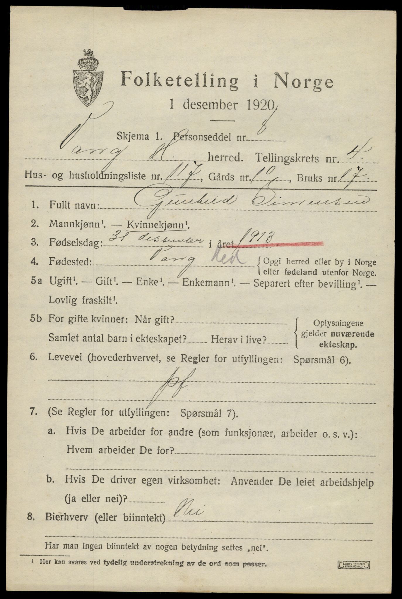 SAH, 1920 census for Vang (Hedmark), 1920, p. 13843