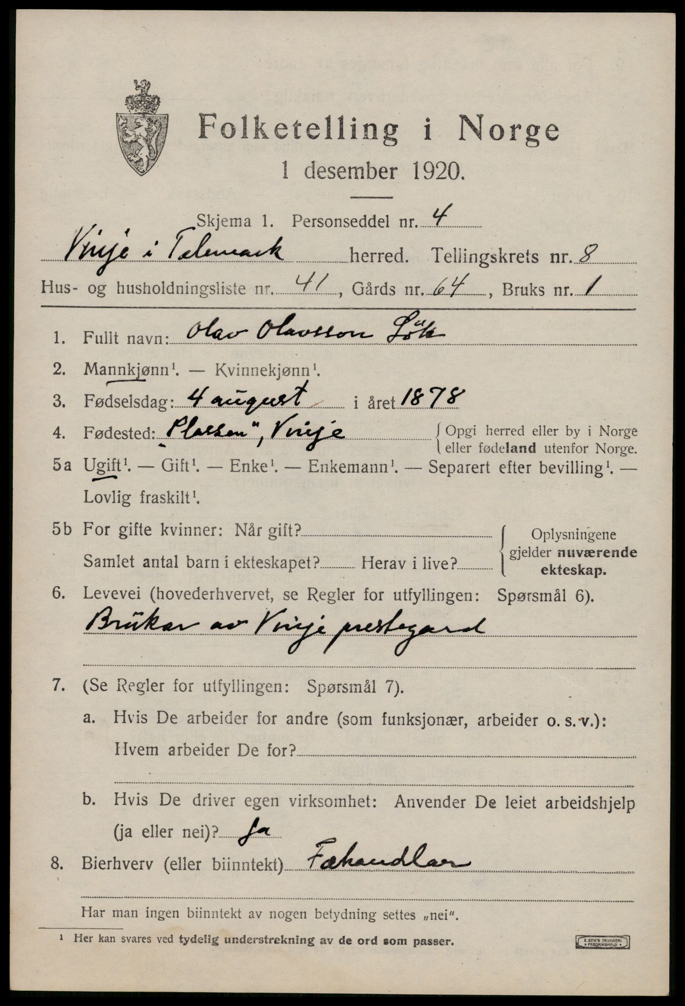 SAKO, 1920 census for Vinje, 1920, p. 2647