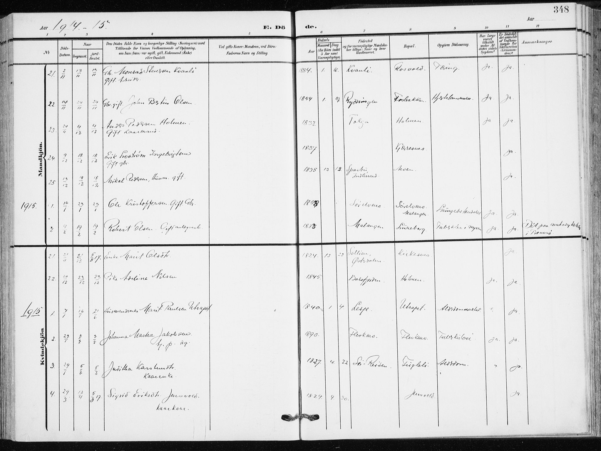 Målselv sokneprestembete, AV/SATØ-S-1311/G/Ga/Gaa/L0011kirke: Parish register (official) no. 11, 1904-1918, p. 348