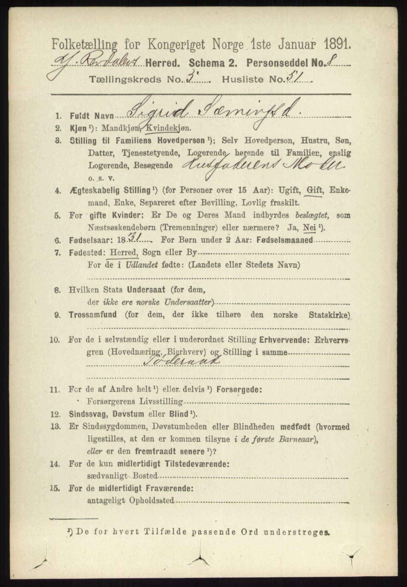 RA, 1891 census for 0432 Ytre Rendal, 1891, p. 1620