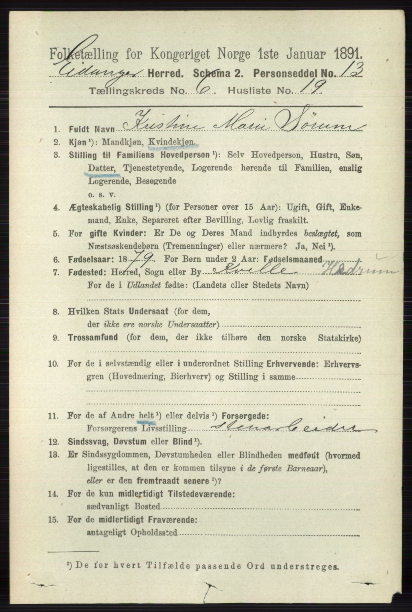 RA, 1891 census for 0813 Eidanger, 1891, p. 2713