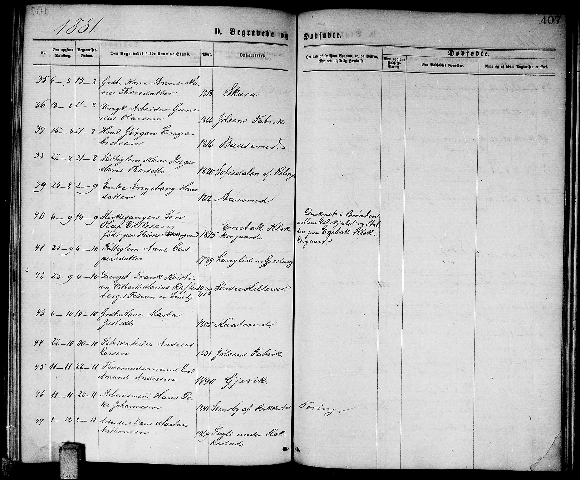 Enebakk prestekontor Kirkebøker, AV/SAO-A-10171c/G/Ga/L0005: Parish register (copy) no. I 5, 1867-1888, p. 407
