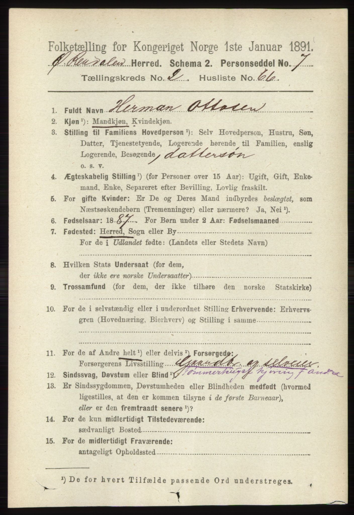 RA, 1891 census for 0433 Øvre Rendal, 1891, p. 792