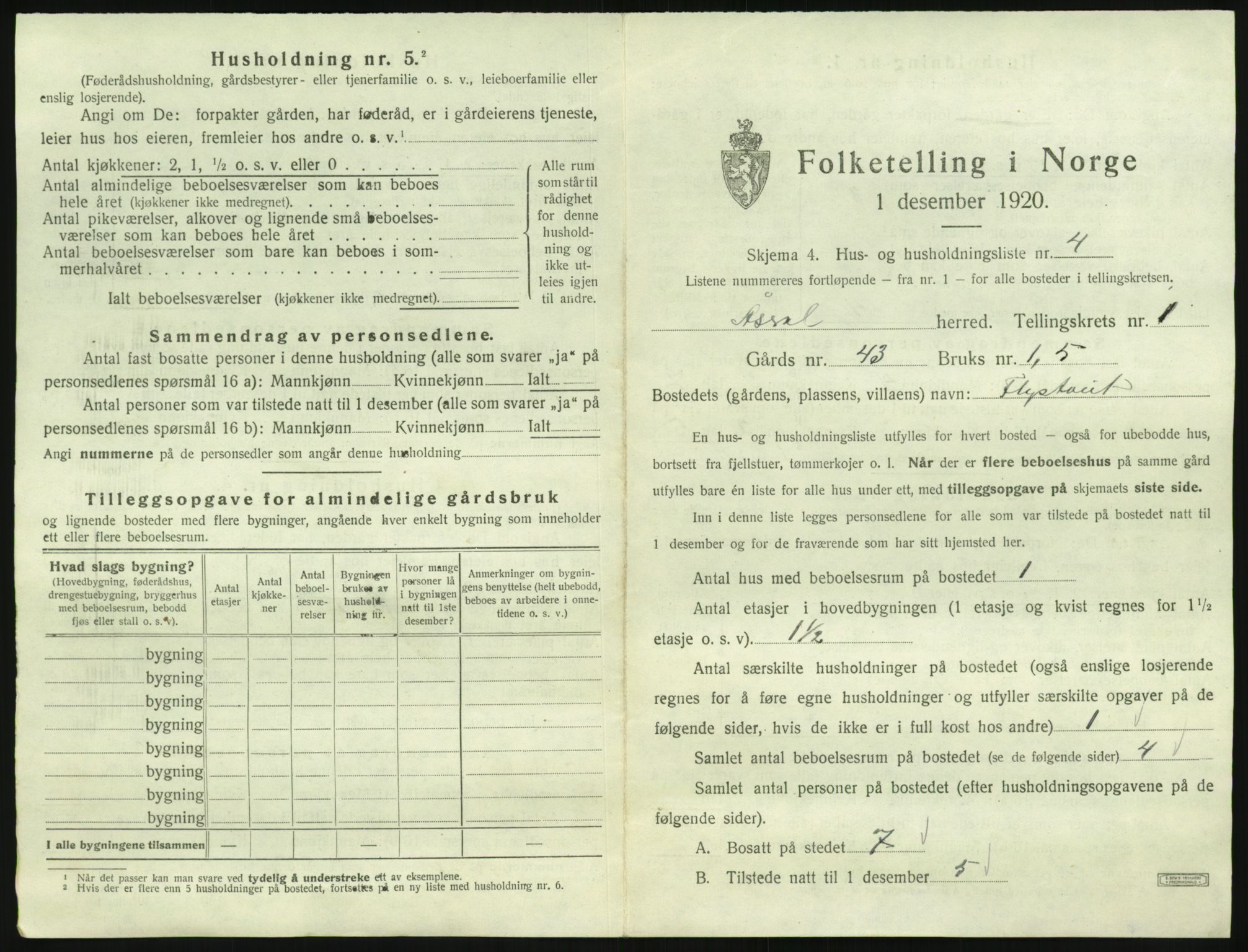 SAK, 1920 census for Åseral, 1920, p. 48