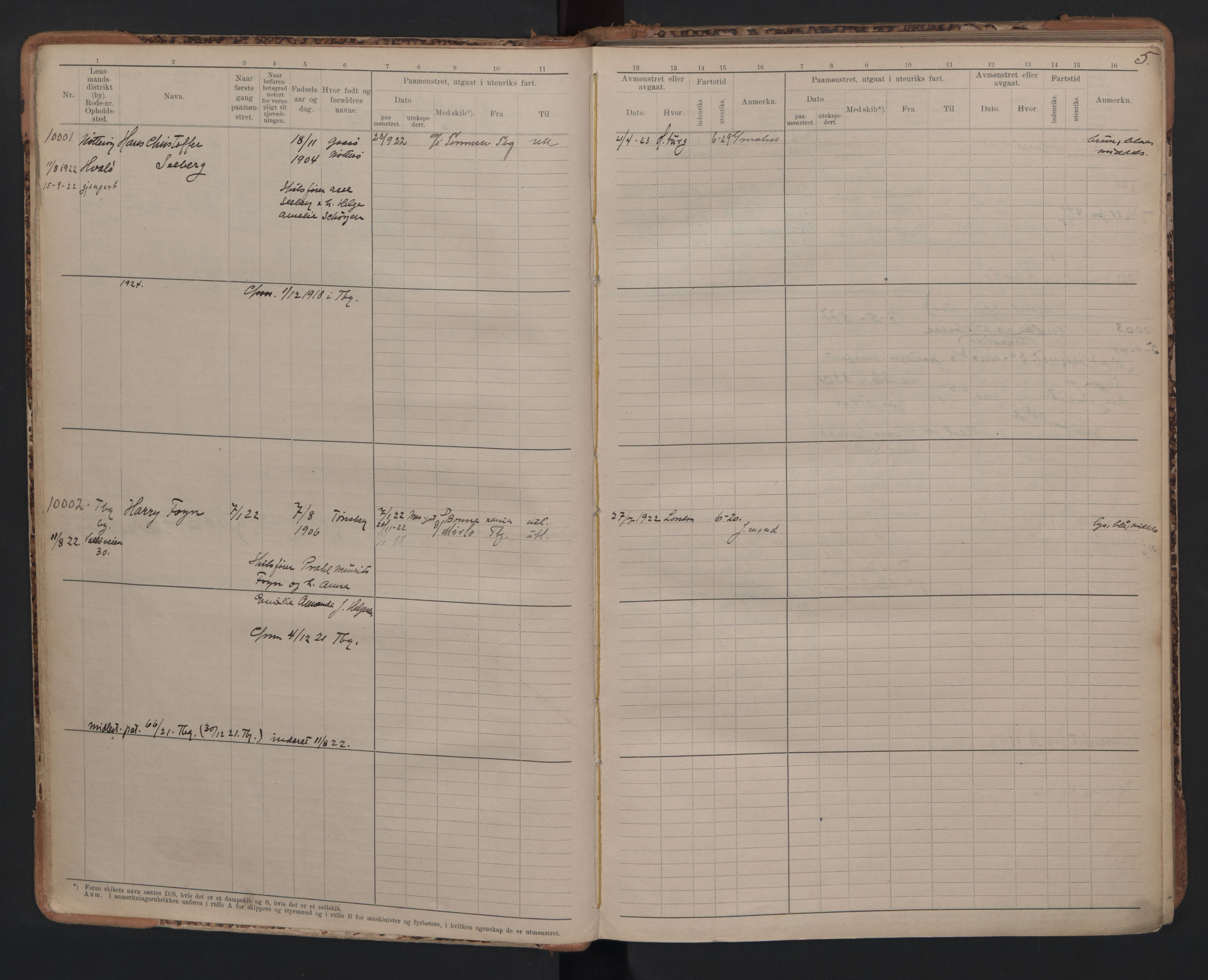 Tønsberg innrulleringskontor, SAKO/A-786/F/Fc/Fcb/L0010: Hovedrulle Patent nr. 9993-1923, 1922-1923, p. 5
