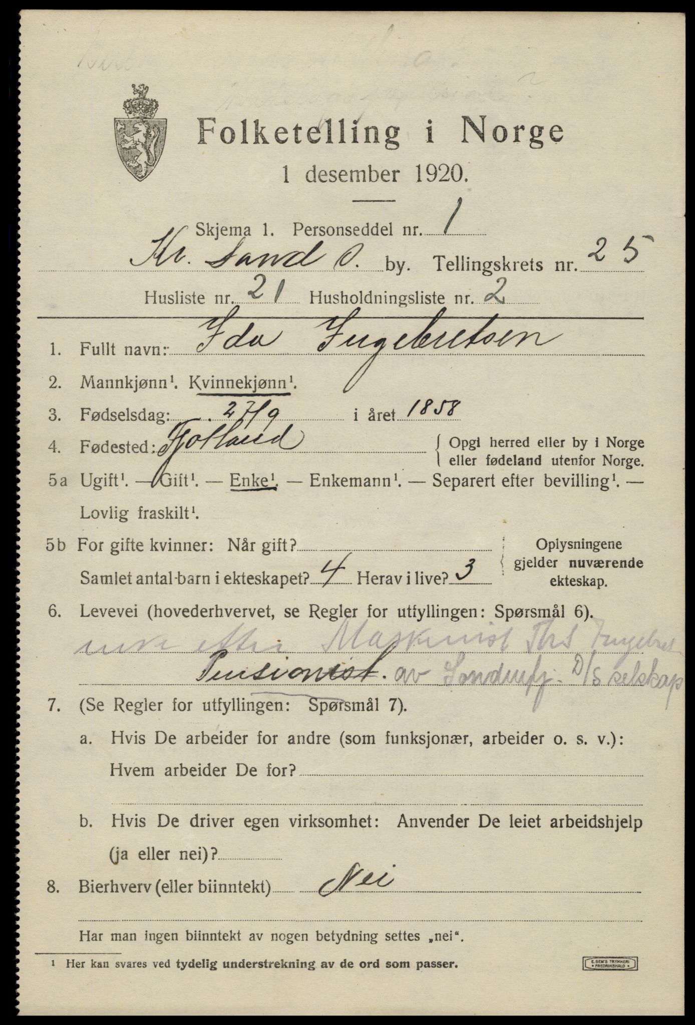 SAK, 1920 census for Kristiansand, 1920, p. 44019