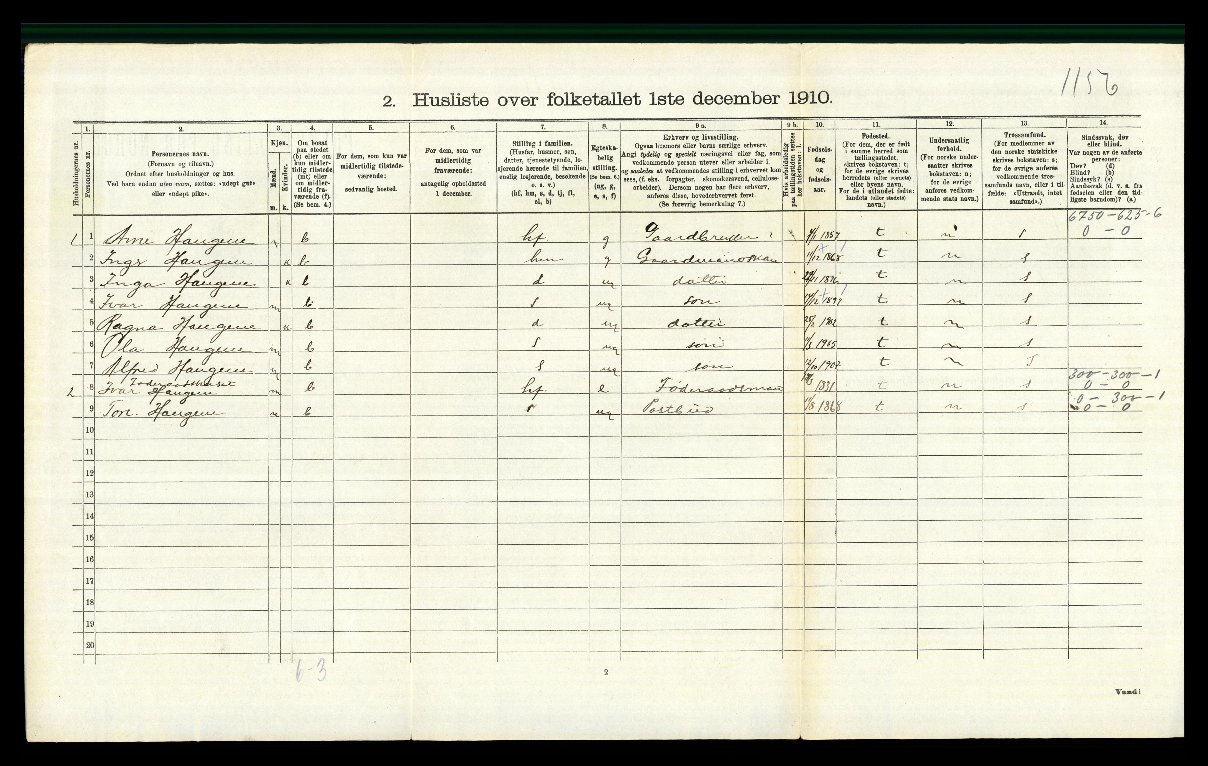 RA, 1910 census for Nord-Aurdal, 1910, p. 1594