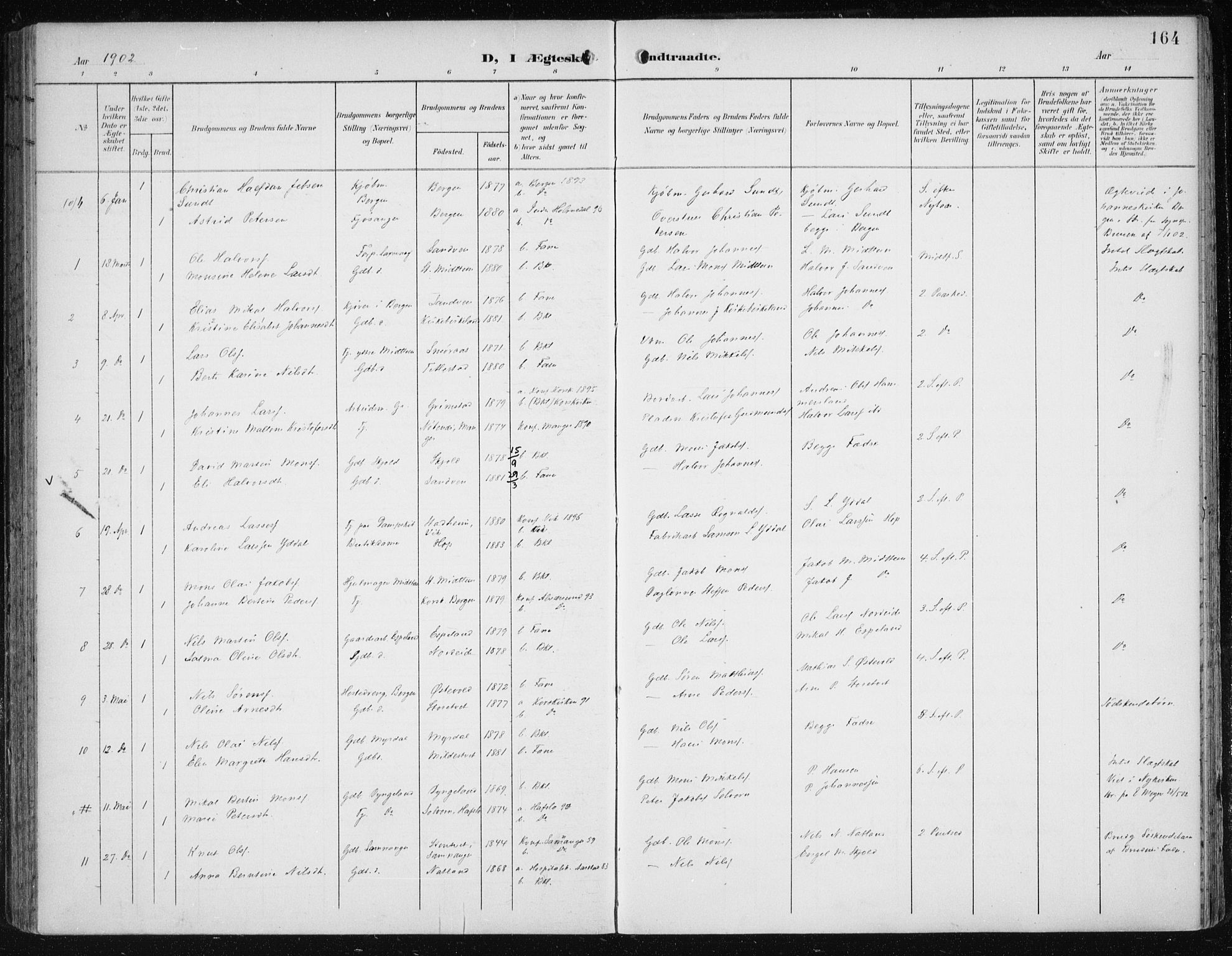 Fana Sokneprestembete, SAB/A-75101/H/Haa/Haai/L0003: Parish register (official) no. I 3, 1900-1912, p. 164