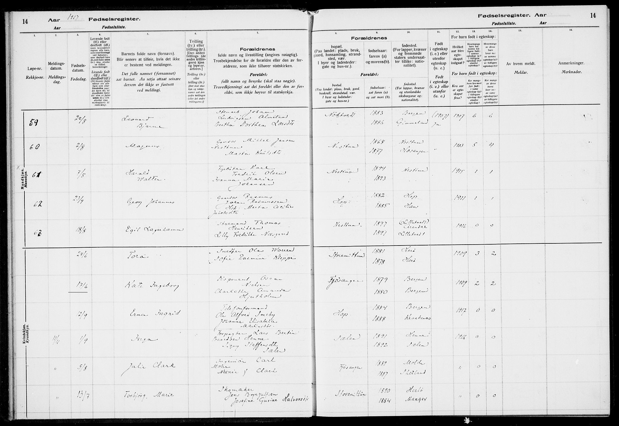 Birkeland Sokneprestembete, AV/SAB-A-74601/I/Id/L00A1: Birth register no. A 1, 1916-1926, p. 14