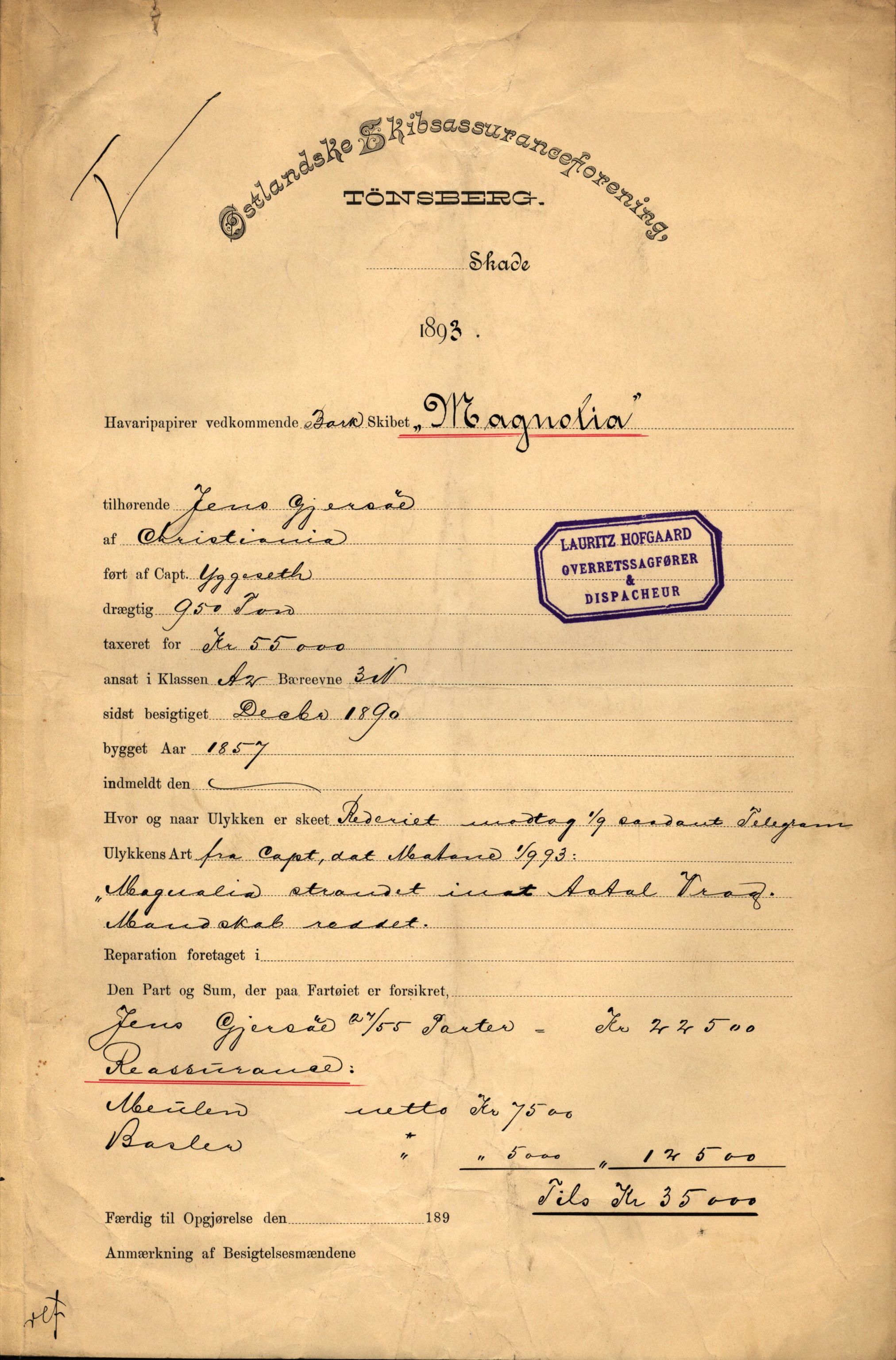 Pa 63 - Østlandske skibsassuranceforening, VEMU/A-1079/G/Ga/L0030/0007: Havaridokumenter / Furu, Magnhild, Magnolia, Havfruen, Tichborne, 1893, p. 12