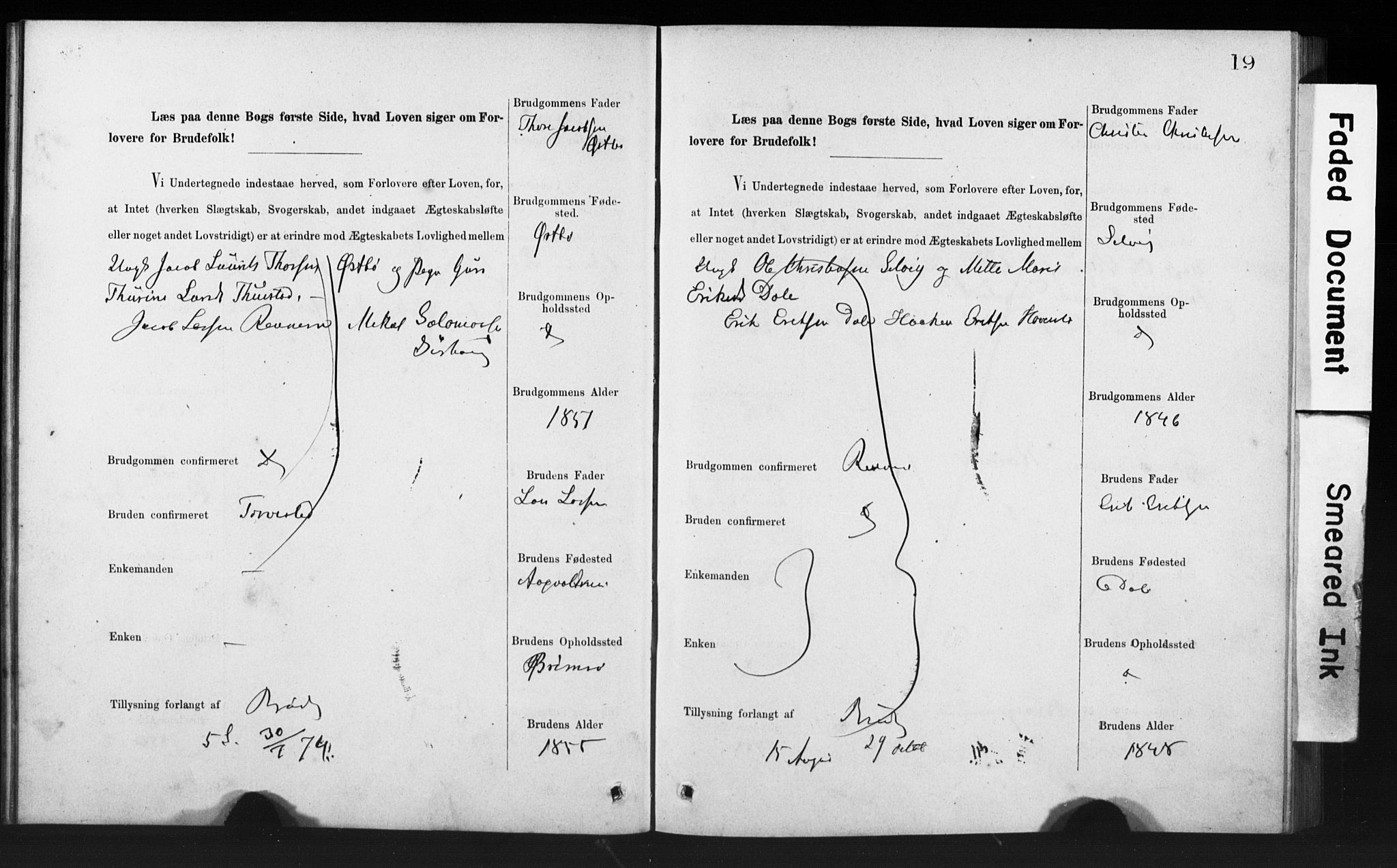 Rennesøy sokneprestkontor, AV/SAST-A -101827/I/Ie/L0001: Banns register no. 1, 1873-1898, p. 19